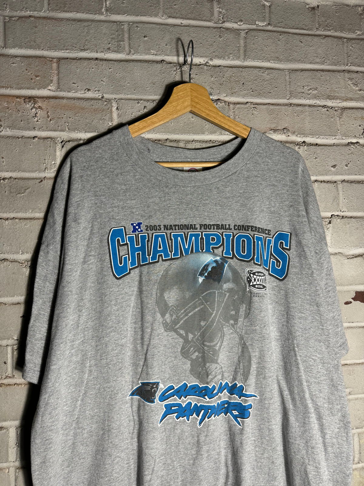 2003 Carolina Panthers Vintage NFC Champions Super Bowl XXXVIII Cat Scratch Font NFL Tee (XXL)