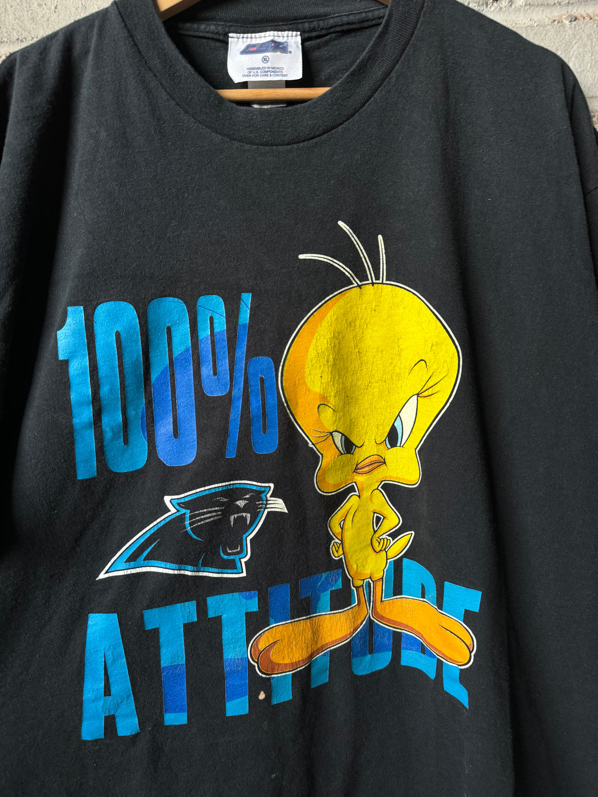 90’s Carolina Panthers x Tweety Bird “100% Attitude” Vintage Black NFL Cartoon Tee (XL)