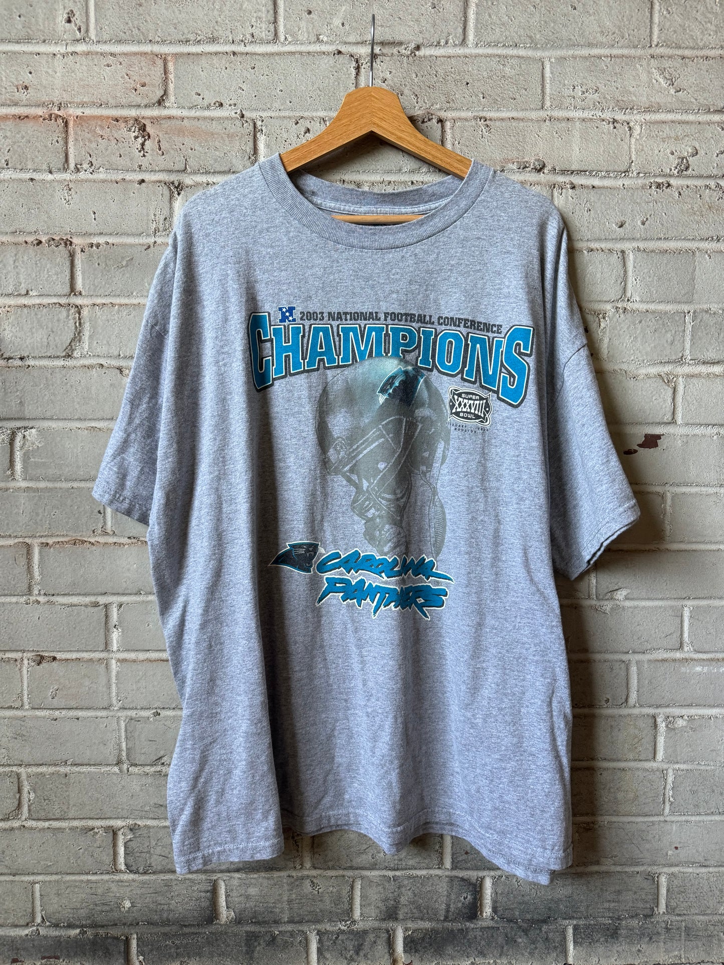 2003 Carolina Panthers Vintage Grey Cat Scratch Font NFC Champions Super Bowl XXXVIII NFL Tee (XXL)