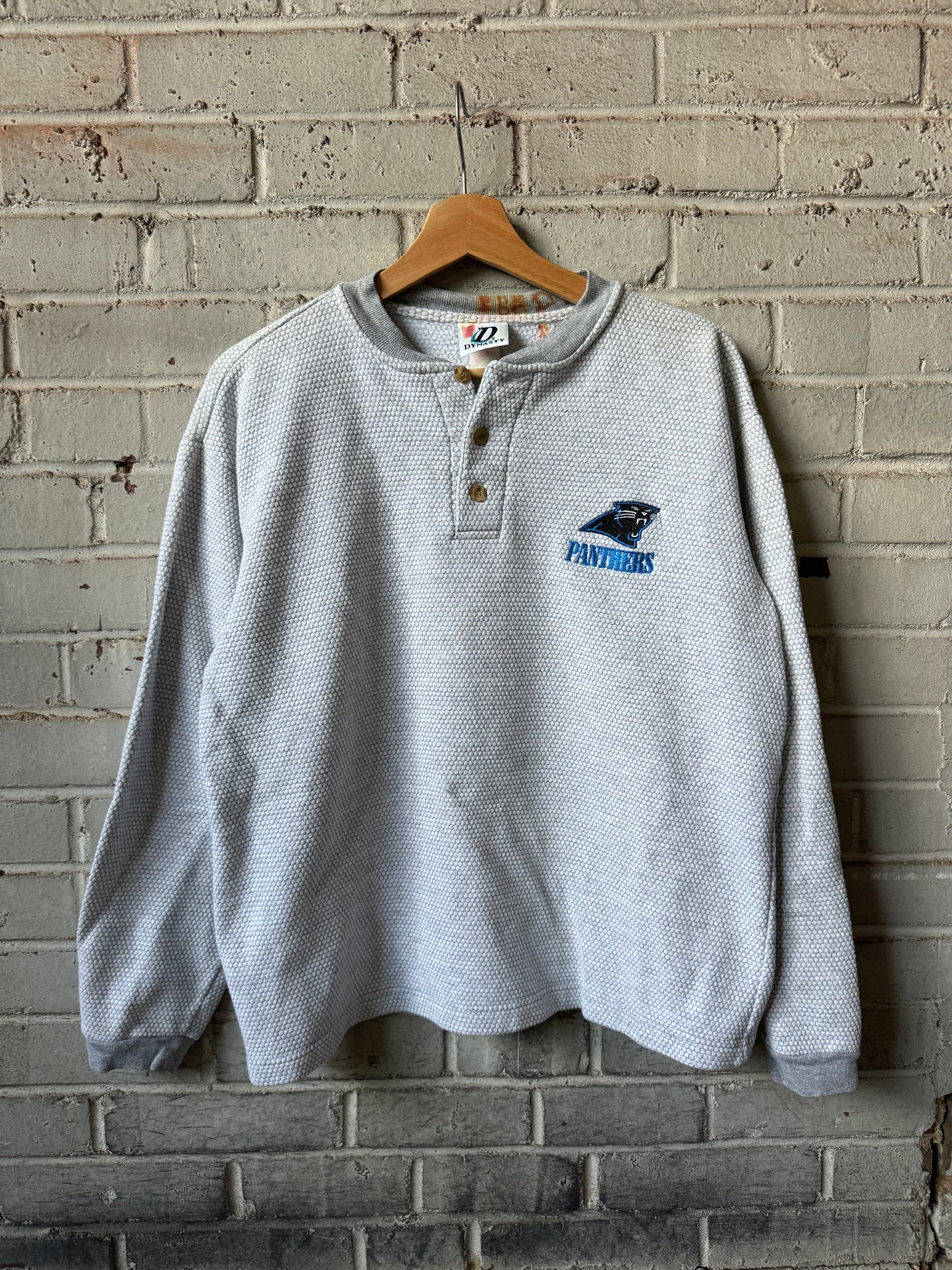 90’s Carolina Panthers Vintage Grey Waffle Knit 3 Button NFL Crewneck (Medium)
