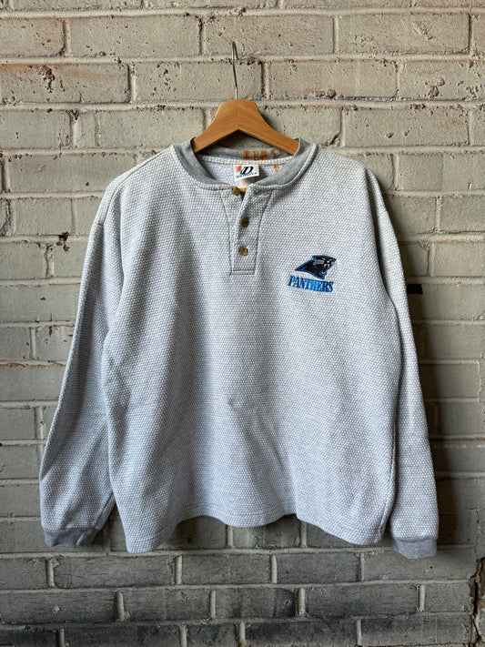 90’s Carolina Panthers Vintage Grey Waffle Knit 3 Button NFL Crewneck (Medium)