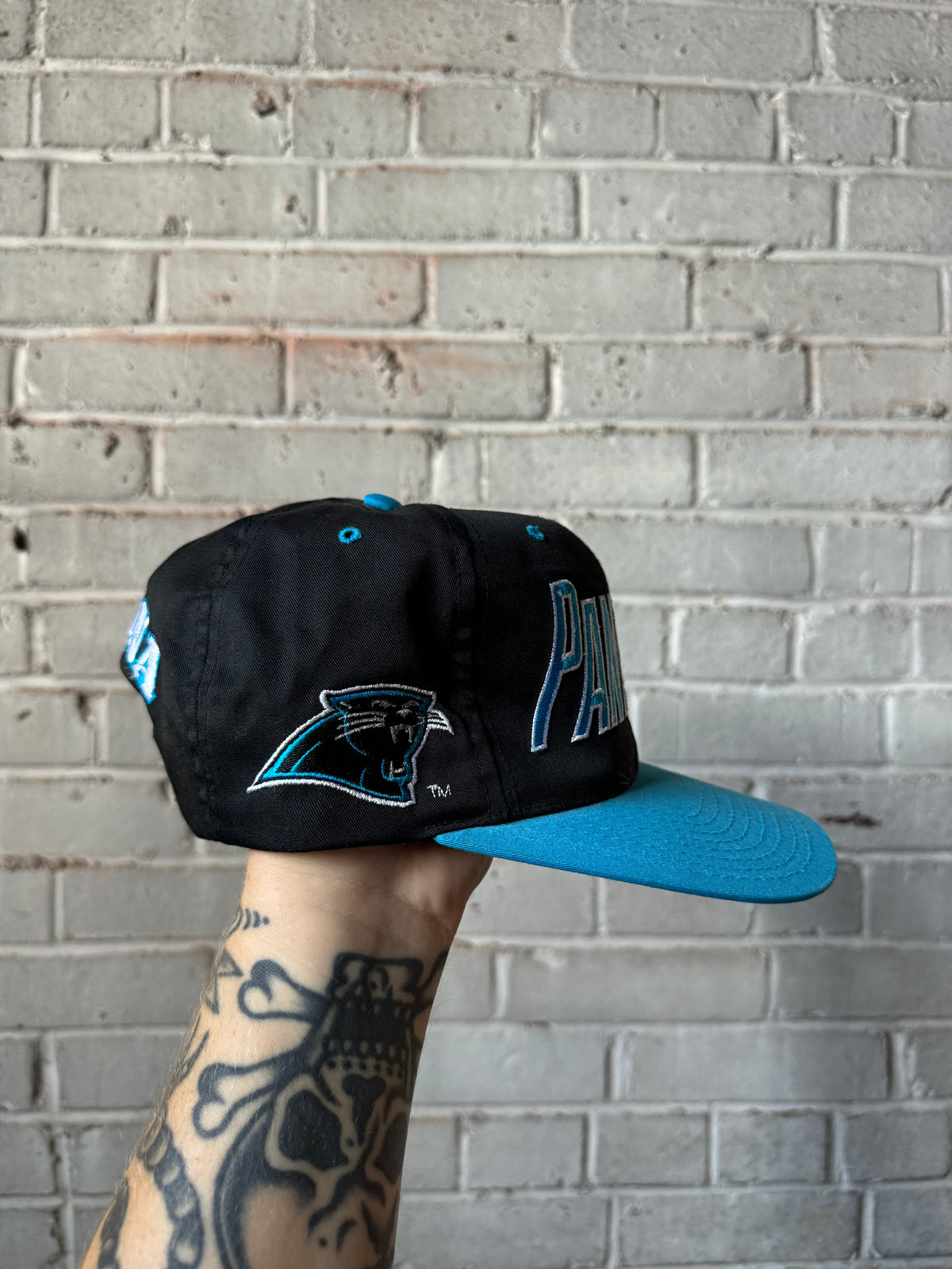 90’s Carolina Panthers Vintage Black Blue Multi Logo NFL Snapback Hat (OSFA)