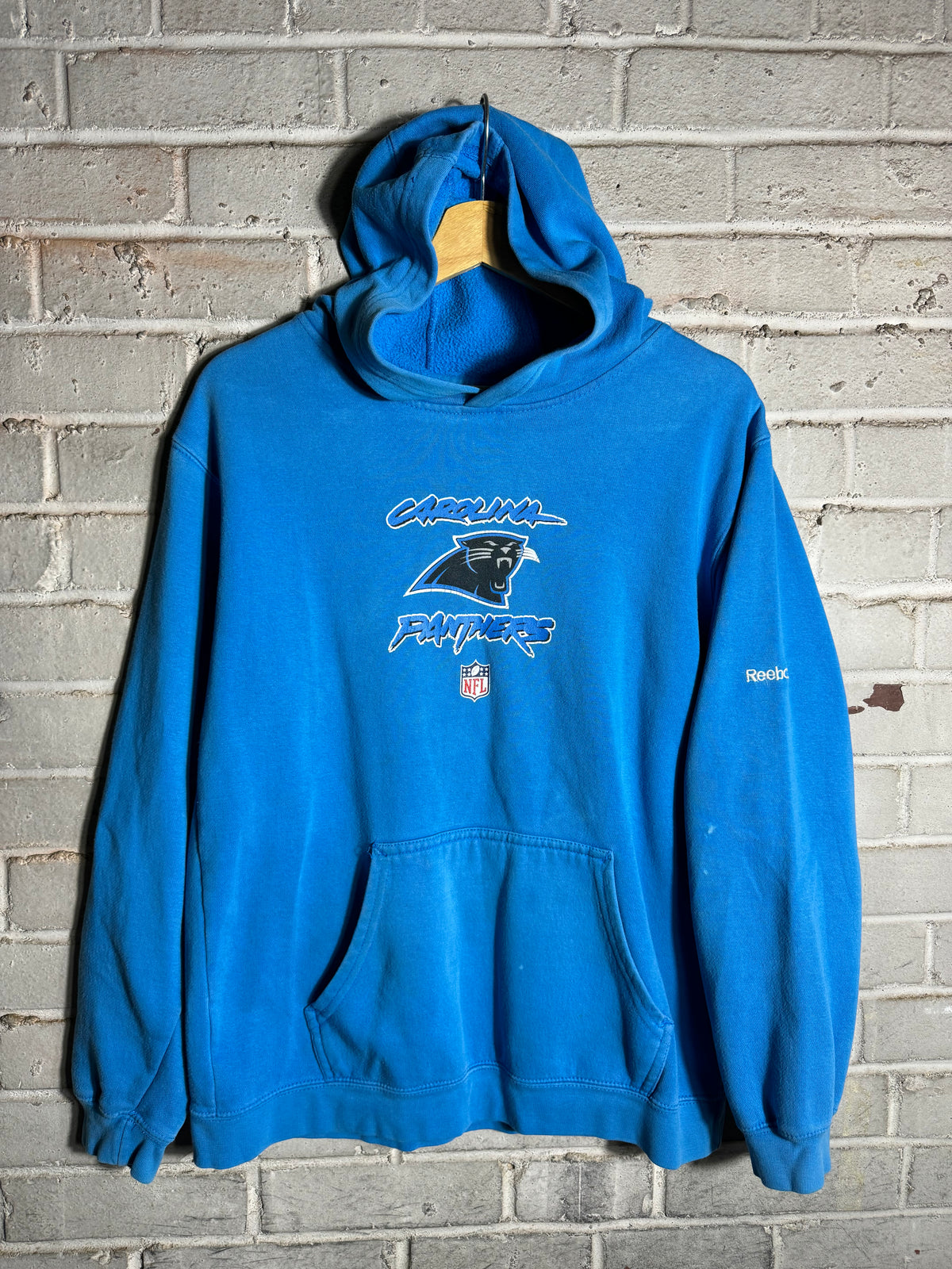 00’s Carolina Panthers Vintage Blue Reebok Cat Scratch Font NFL Hoodie (Small)