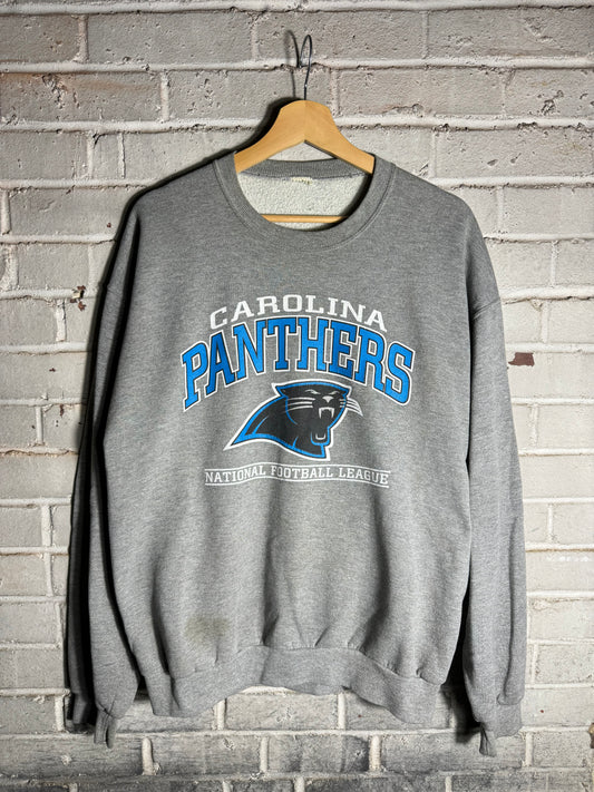 90’s Carolina Panthers Vintage Grey Lee Sport Distressed NFL Spellout Crewneck (Medium)
