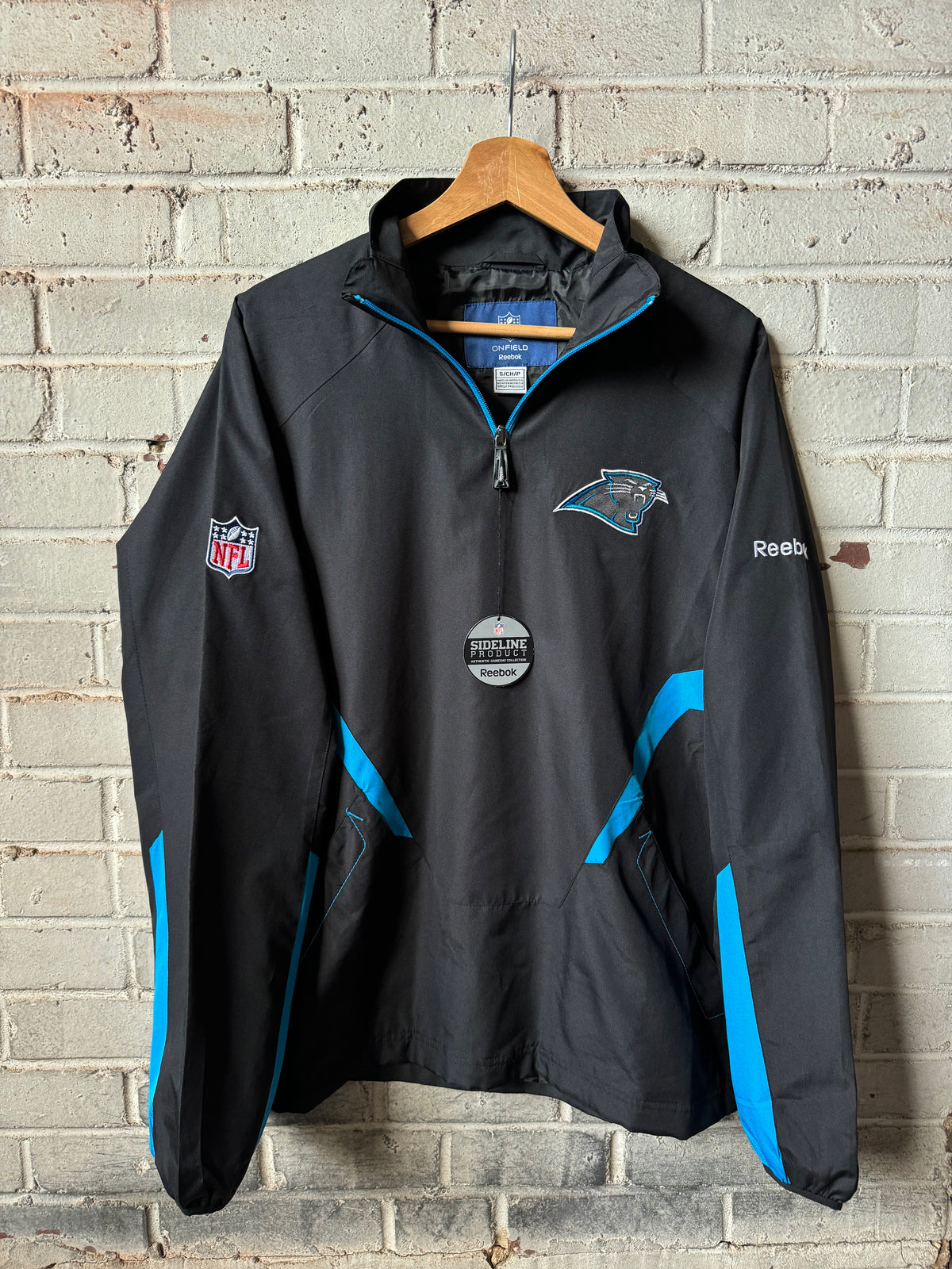 00’s Carolina Panthers Vintage Black Reebok Quarter Zip NFL Sideline Pullover Jacket - Deadstock (Small)