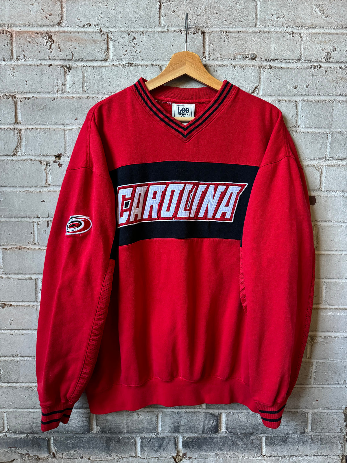 90’s Carolina Hurricanes Vintage Red Lee Sport Heavyweight Word Mark Spellout NHL Hockey Crewneck (XL)