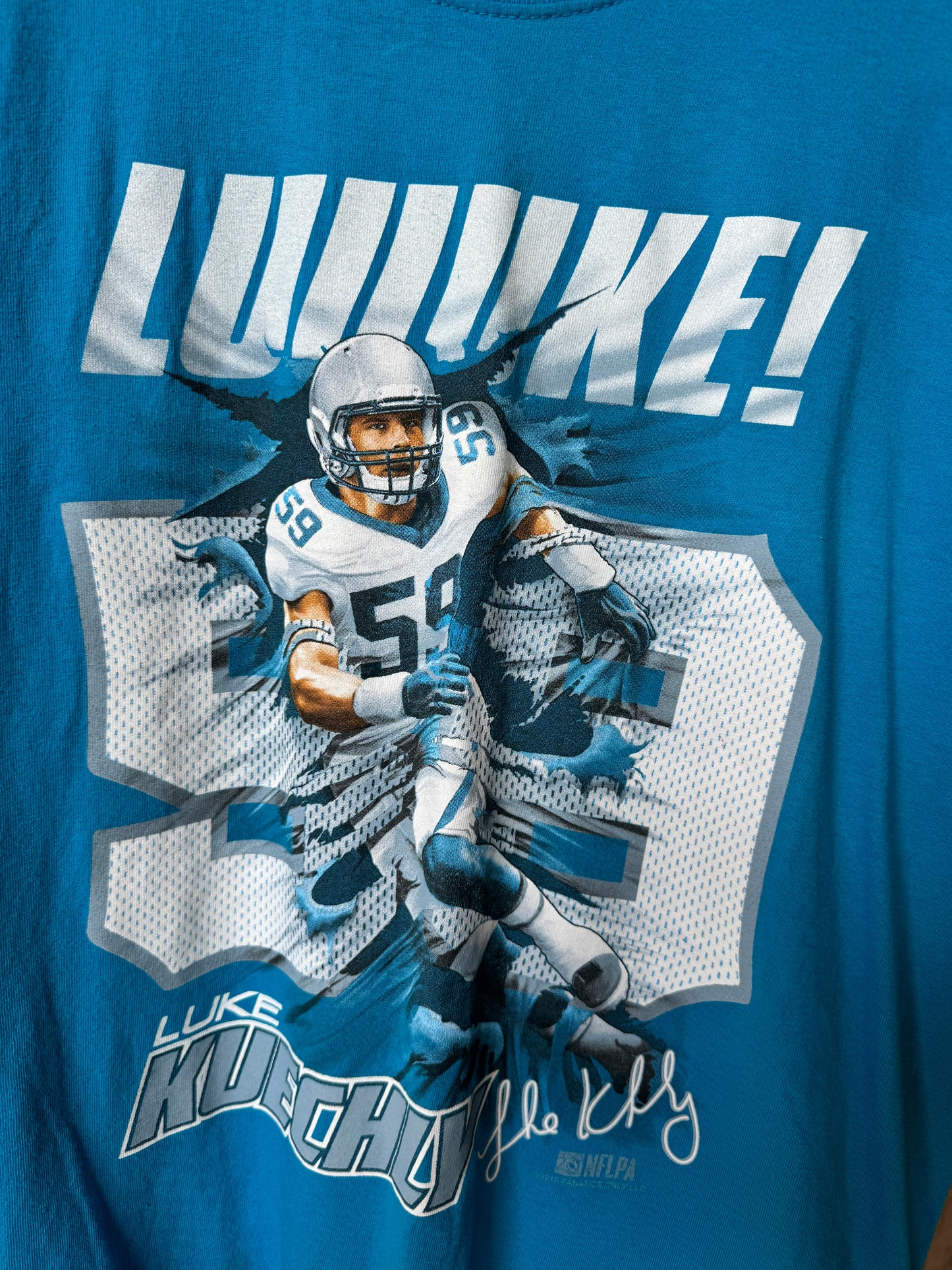 2016 Carolina Panthers Luke Kuechly “LUUUUKE” Blue NFL Player Tee (Large)