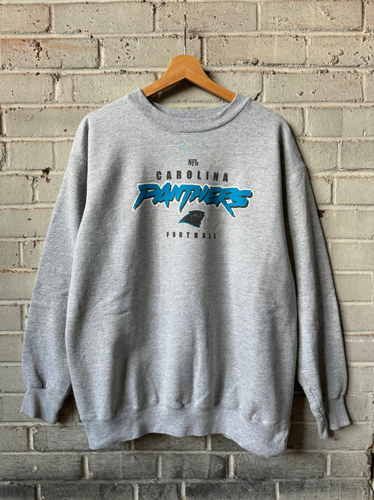 00’s Carolina Panthers Vintage Heather Grey Cat Scratch Font NFL Logo Crewneck (Medium)