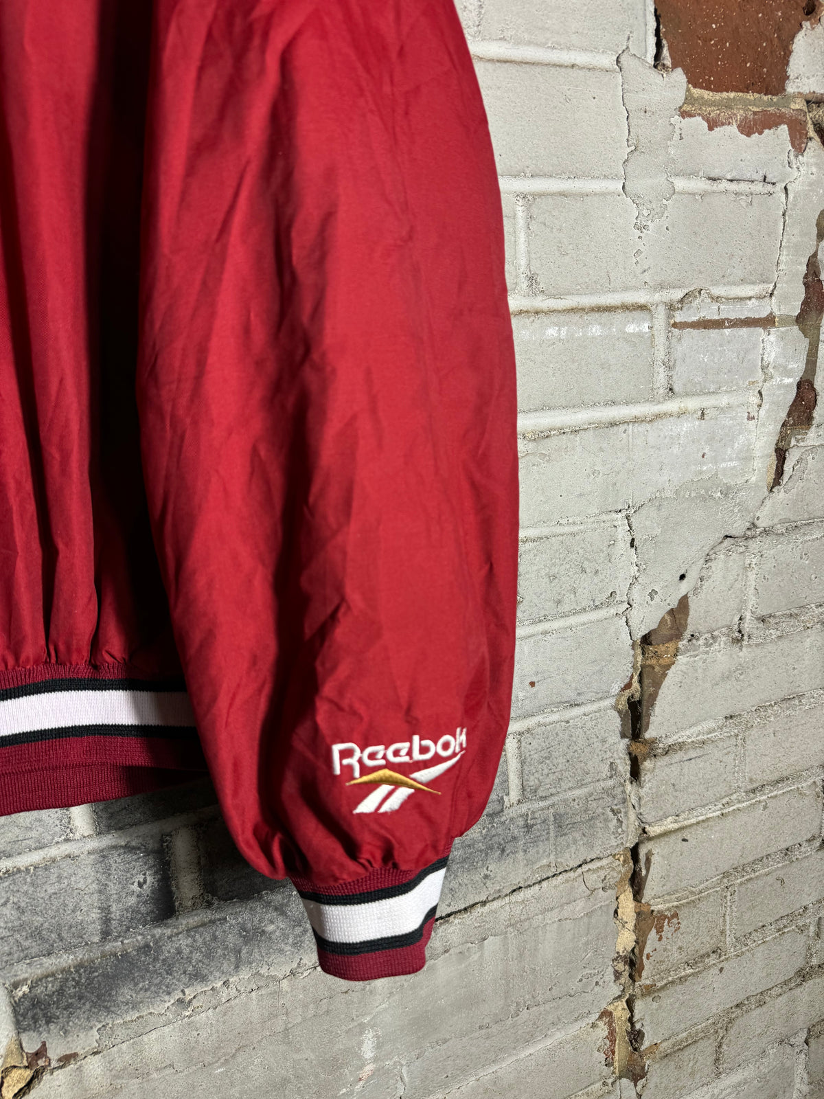 1996 San Francisco 49ers 50th Season Anniversary Patch Vintage Red Reebok NFL Pro Line Sideline Pullover Jacket (Large)
