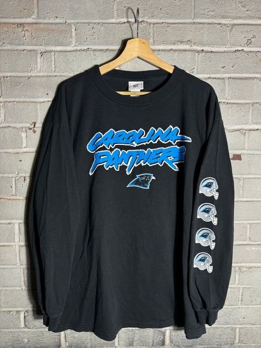 00’s Carolina Panthers Vintage Black Cat Scratch Font Repeat Helmet Logo NFL Longsleeve Tee (XL)