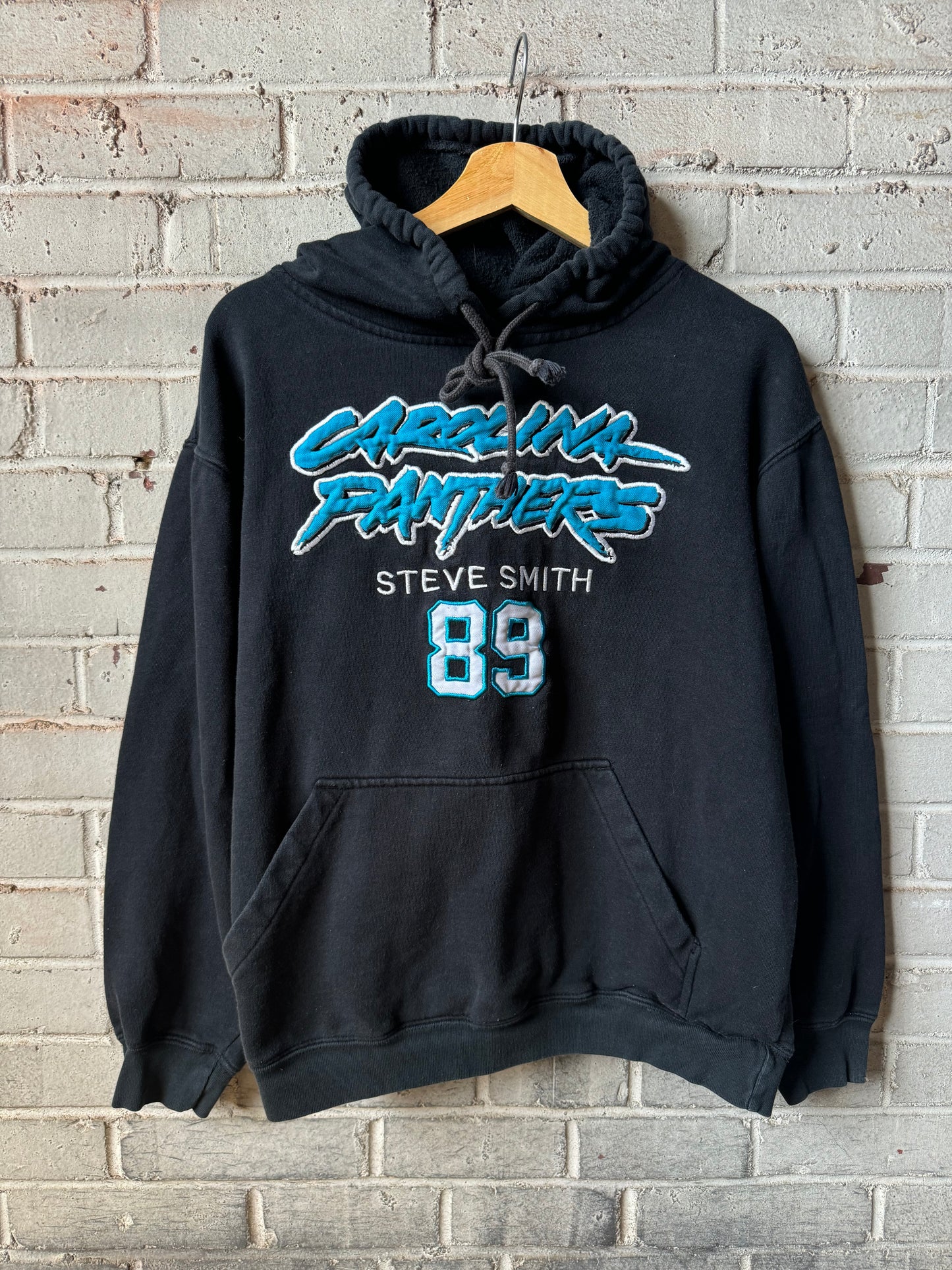 00’s Carolina Panthers Steve Smith Vintage Black Reebok Cat Scratch Font Fully Embroidered Hoodie (Medium)