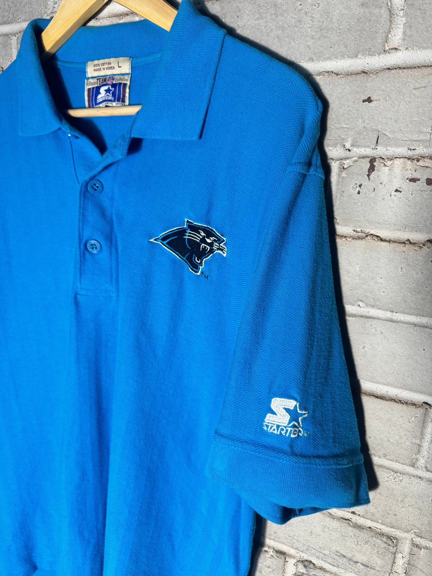 90’s Carolina Panthers Vintage Blue Starter Herringbone Tonal Striped NFL Polo Collared Shirt (Large)