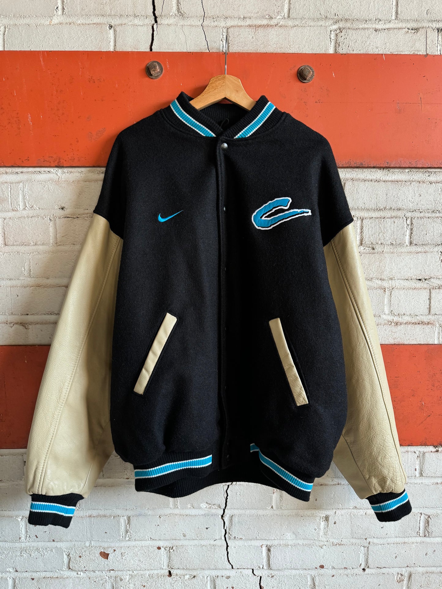 1999 Carolina Panthers Vintage Nike Cat Scratch Font Heavyweight Genuine Leather Sideline Varsity Jacket (XL)