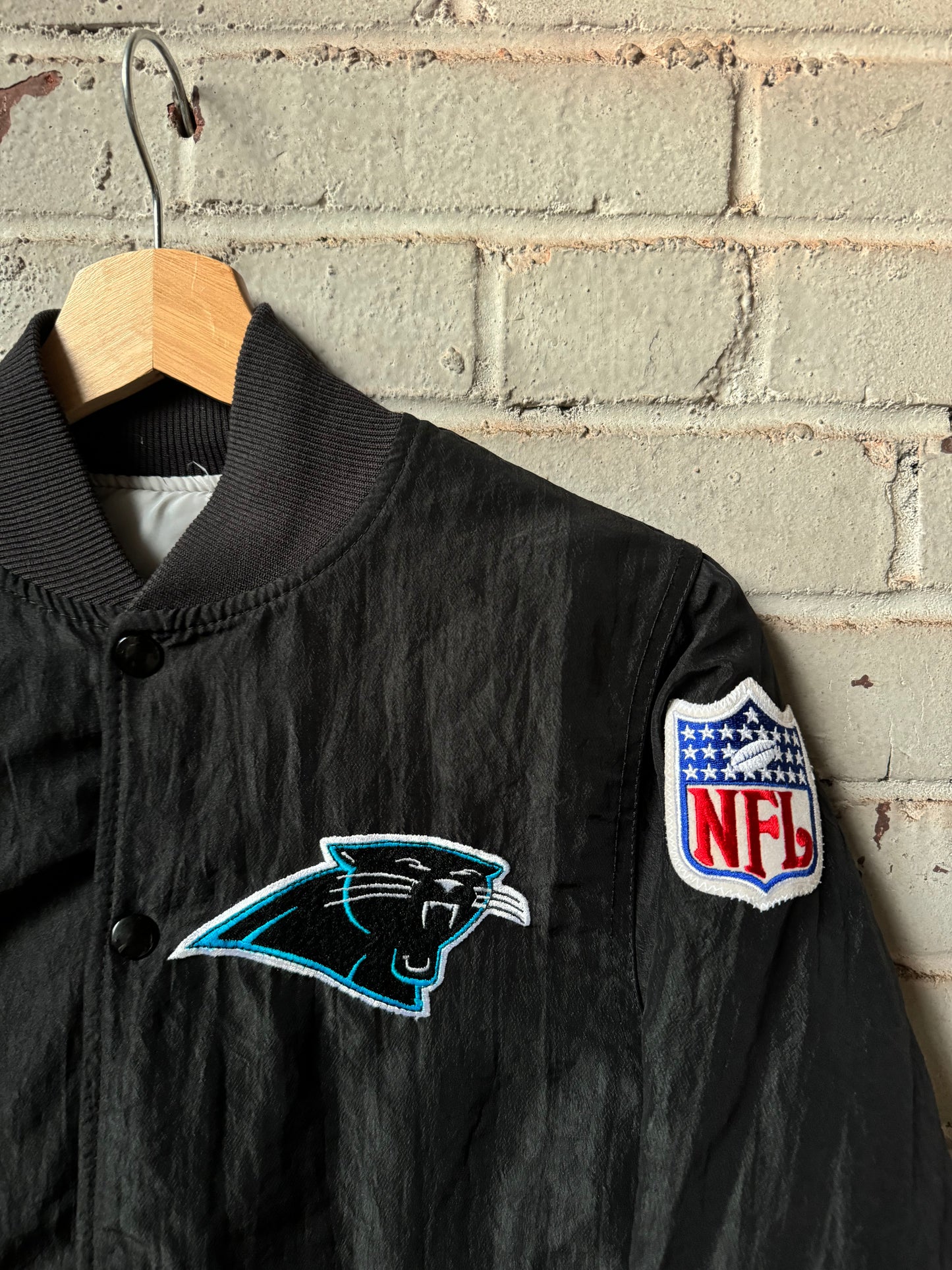 1993 Carolina Panthers Vintage Black Starter Full Snap NFL Satin Jacket (Youth Small)