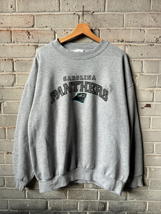 00’s Carolina Panthers Vintage Grey Distressed NFL Spellout Crewneck (XXL)
