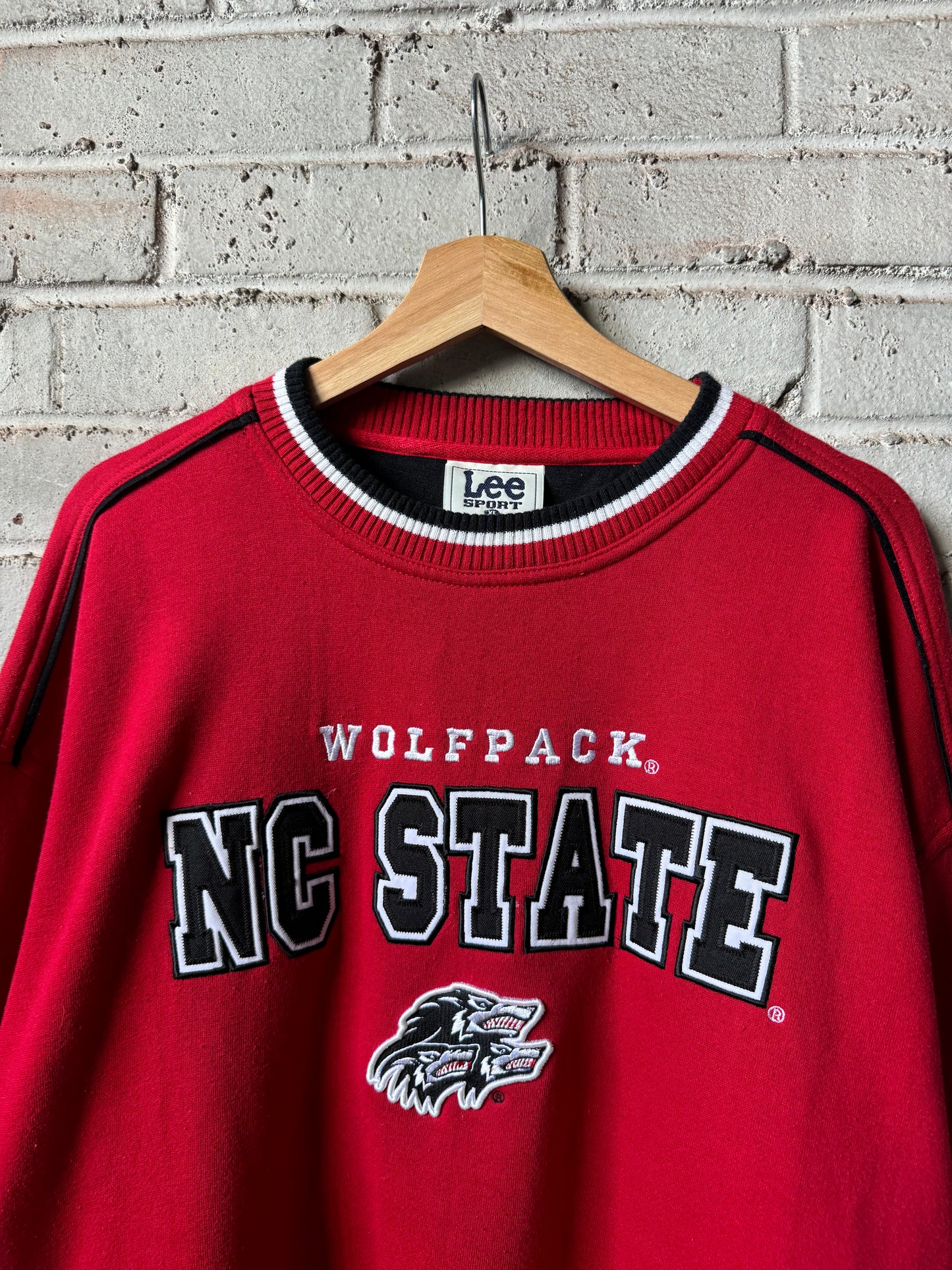 90’s NC State Wolfpack Vintage Red Lee Sport Alternate Pack Logo Embroidered Heavyweight Crewneck (XL)