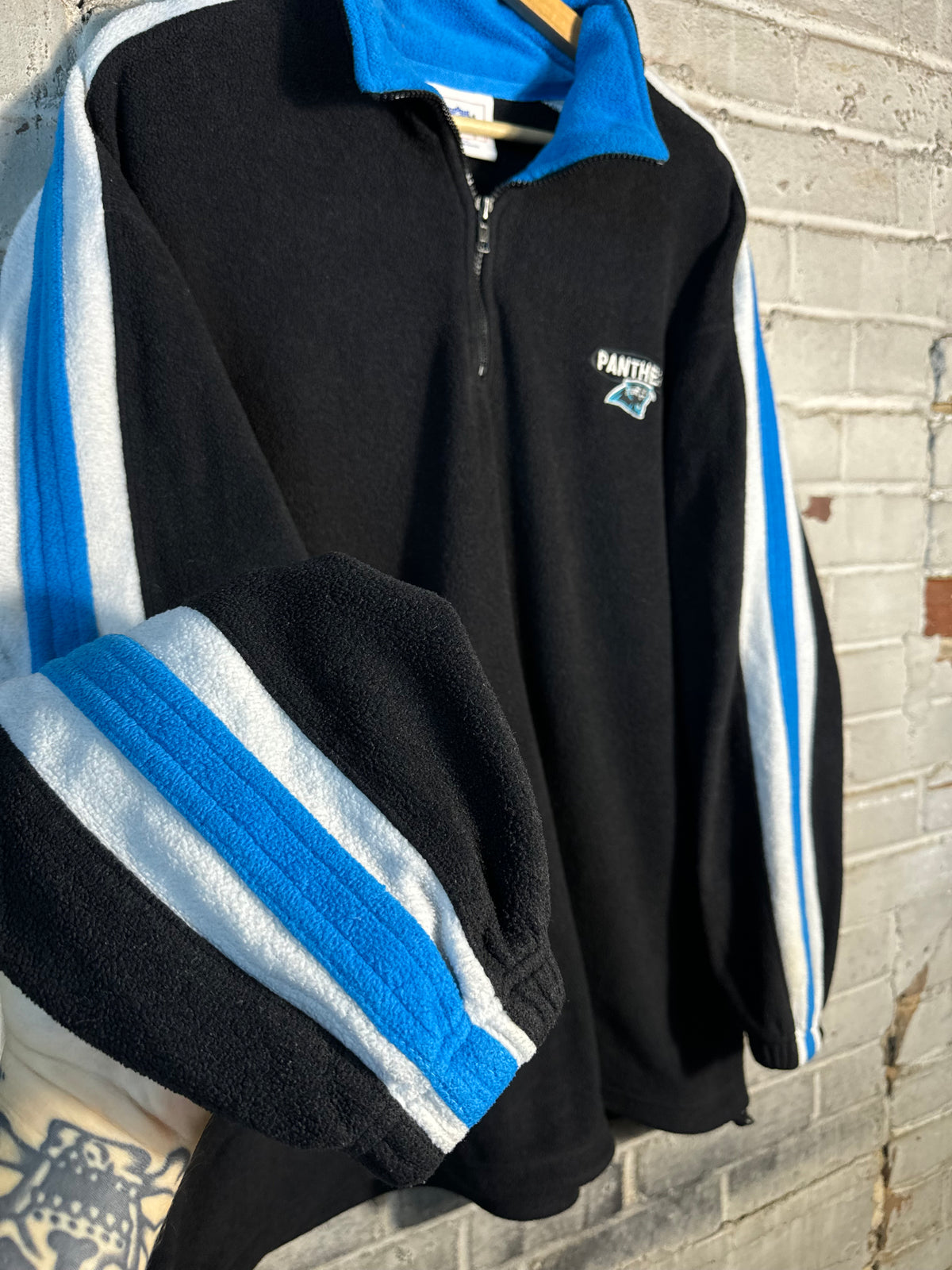 00’s Carolina Panthers Vintage Black Striped Quarter Zip NFL Fleece Pullover Jacket (XXL)