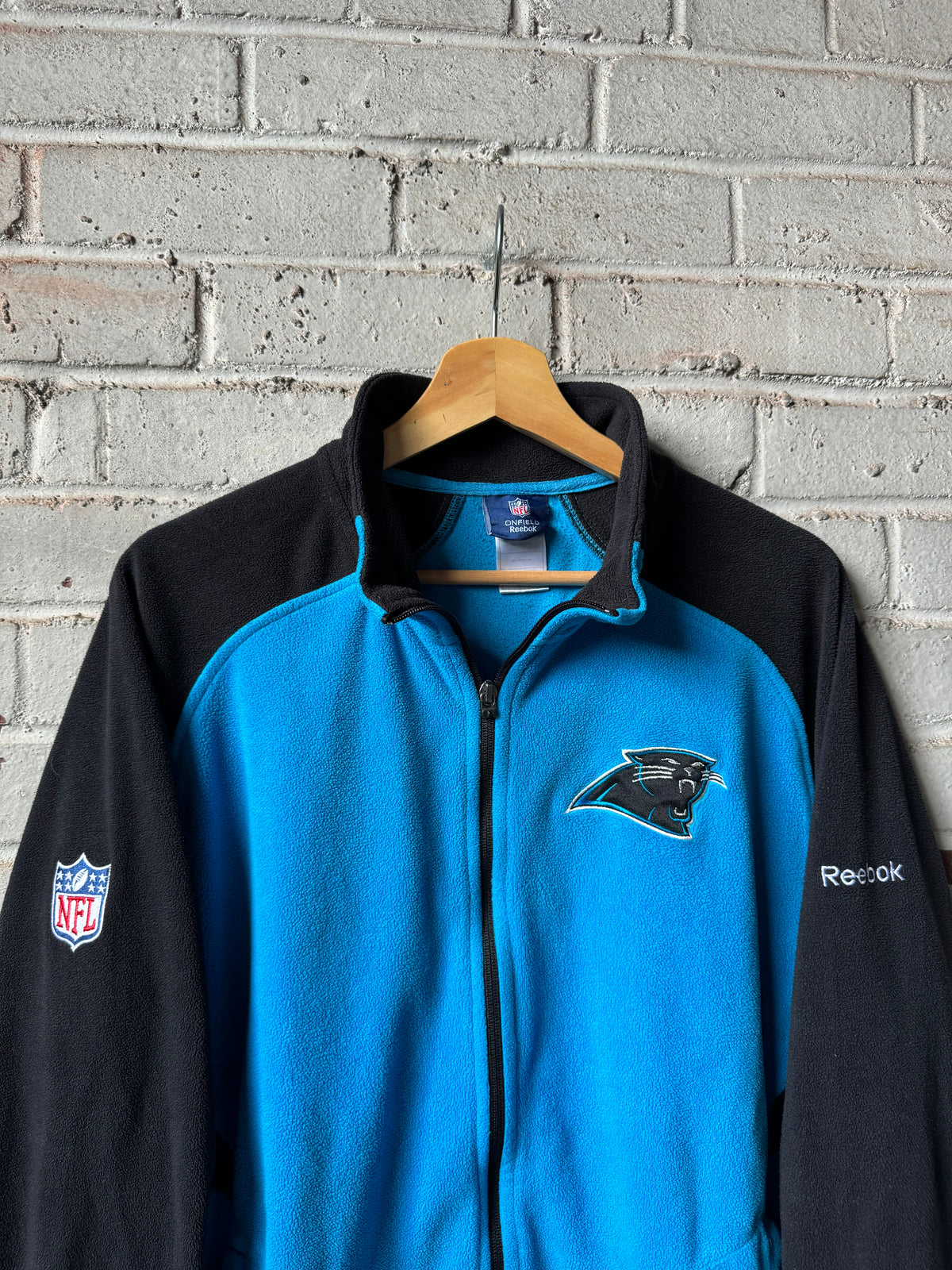 00’s Carolina Panthers Vintage Blue Black Fleece Reebok NFL Full Zip Jacket (Medium)