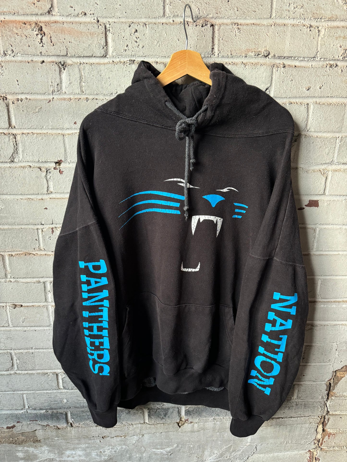 00’s Carolina Panthers Vintage Black Cat Face Multi Logo NFL Hoodie (XXL)