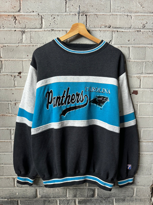 90’s Carolina Panthers Vintage Logo 7 Center Stripe Embroidered Heavyweight NFL Crewneck (Large)