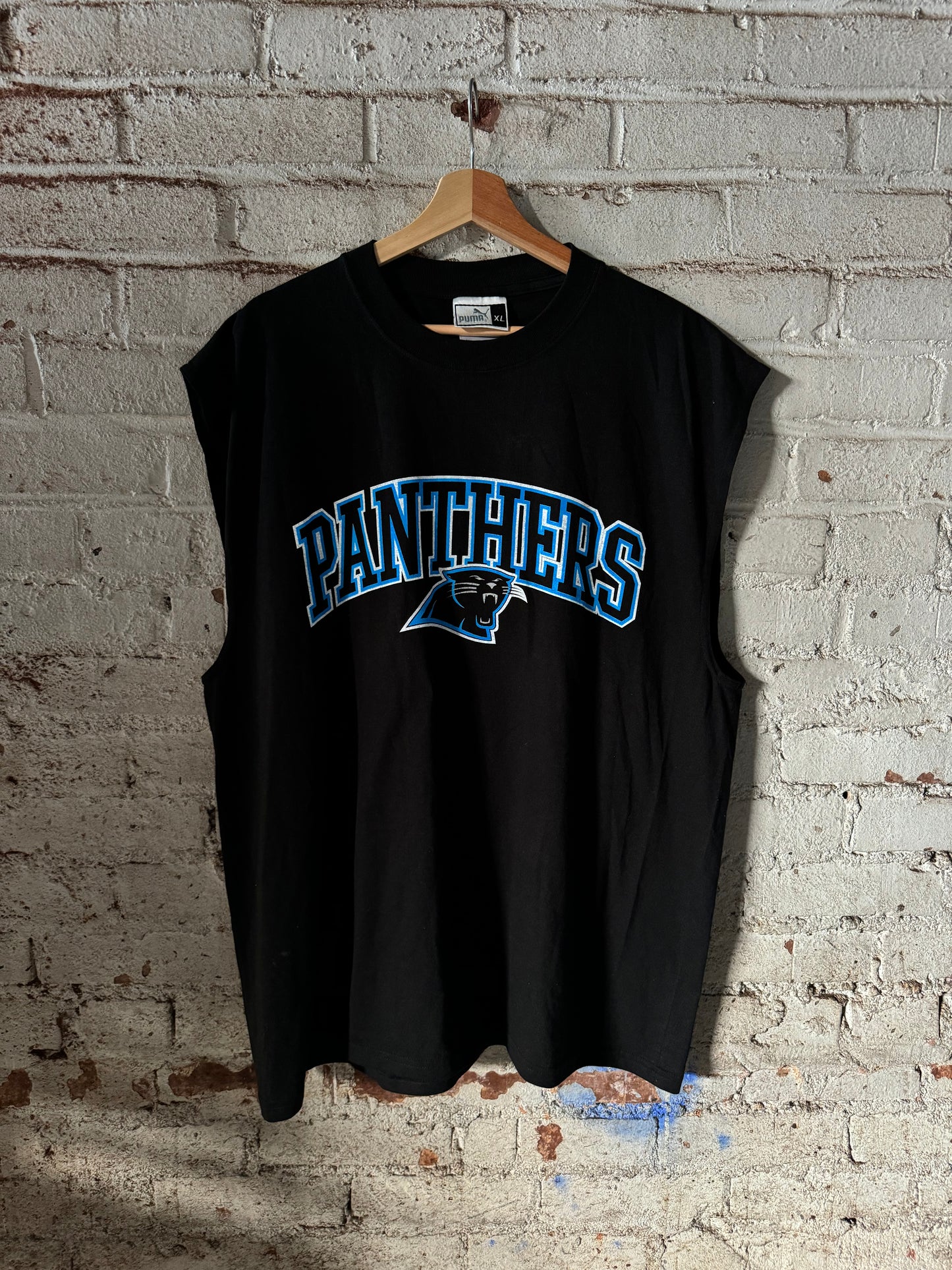 90’s Carolina Panthers Vintage Black Puma Cutoff Practice Style NFL Tee (XL)