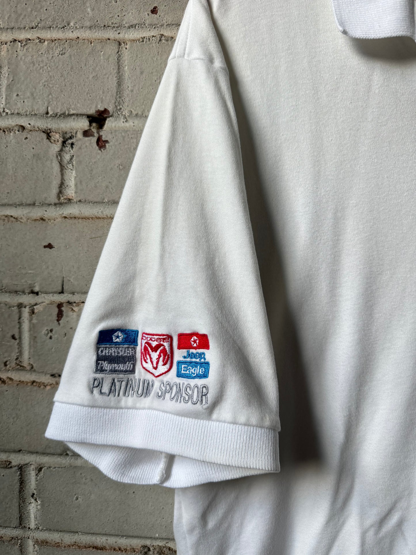 1995 Carolina Panthers Vintage White Embroidered Chrysler Dodge Jeep Ram Collared Polo NFL Shirt (Large)