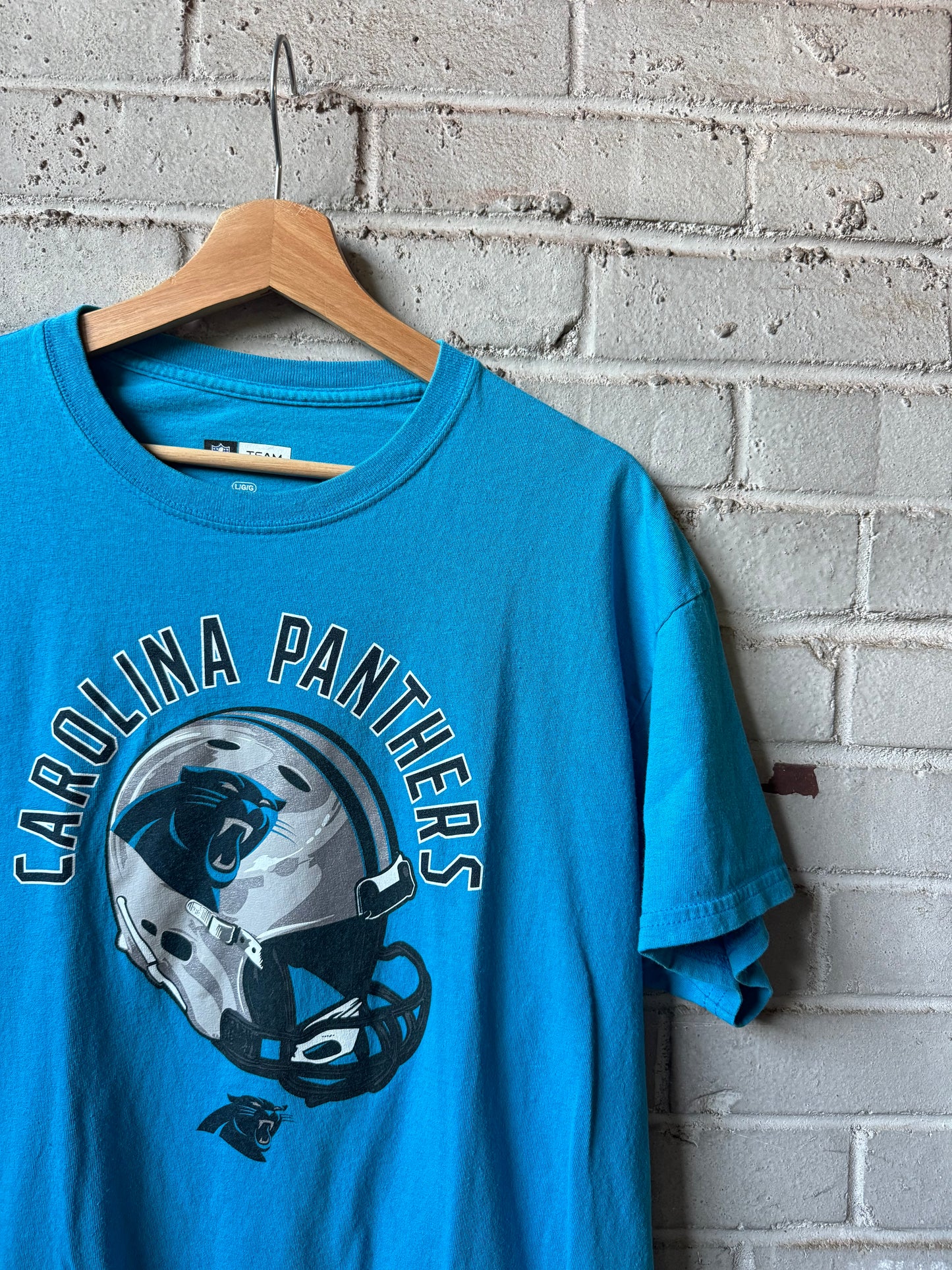 Carolina Panthers Blue Helmet Spellout NFL Tee (Large)