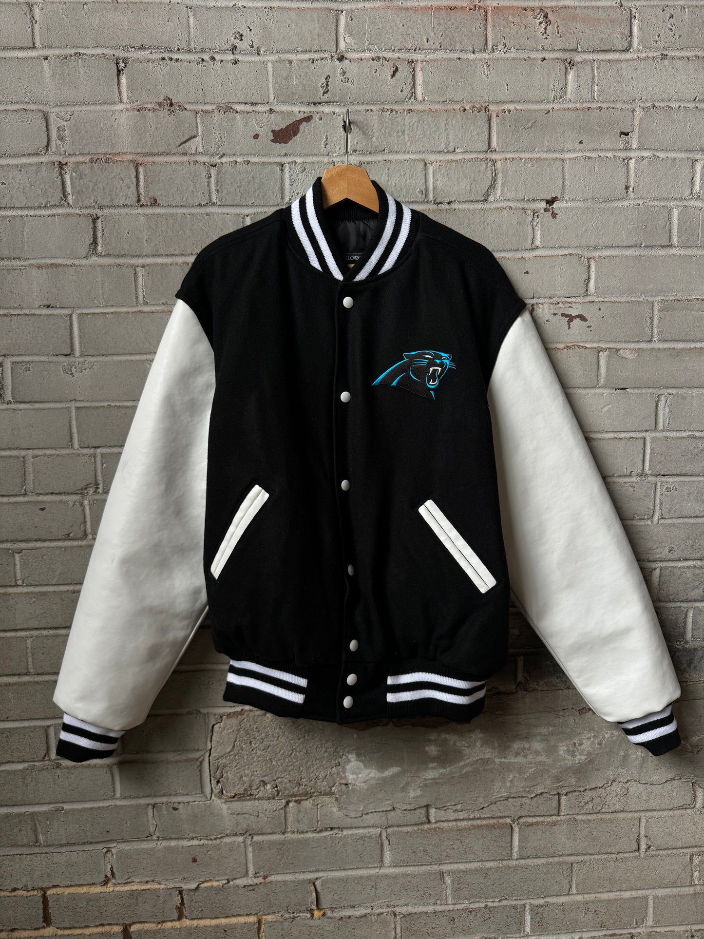 Carolina Panthers Black Keep Pounding Holloway Heavyweight Leather NFL Varsity Jacket (Large)