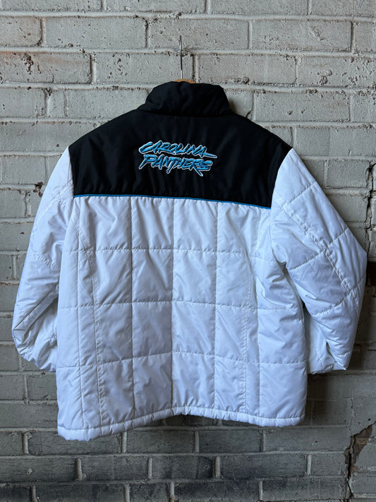 00’s Carolina Panthers Vintage Cat Scratch Font Micro Puff NFL Jacket (Women’s XL)