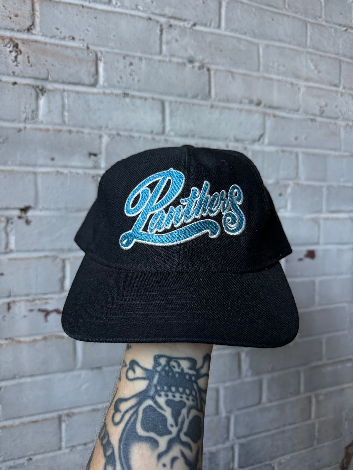 90’s Carolina Panthers Vintage Black Script American Needle NFL Snapback Hat (OSFA)