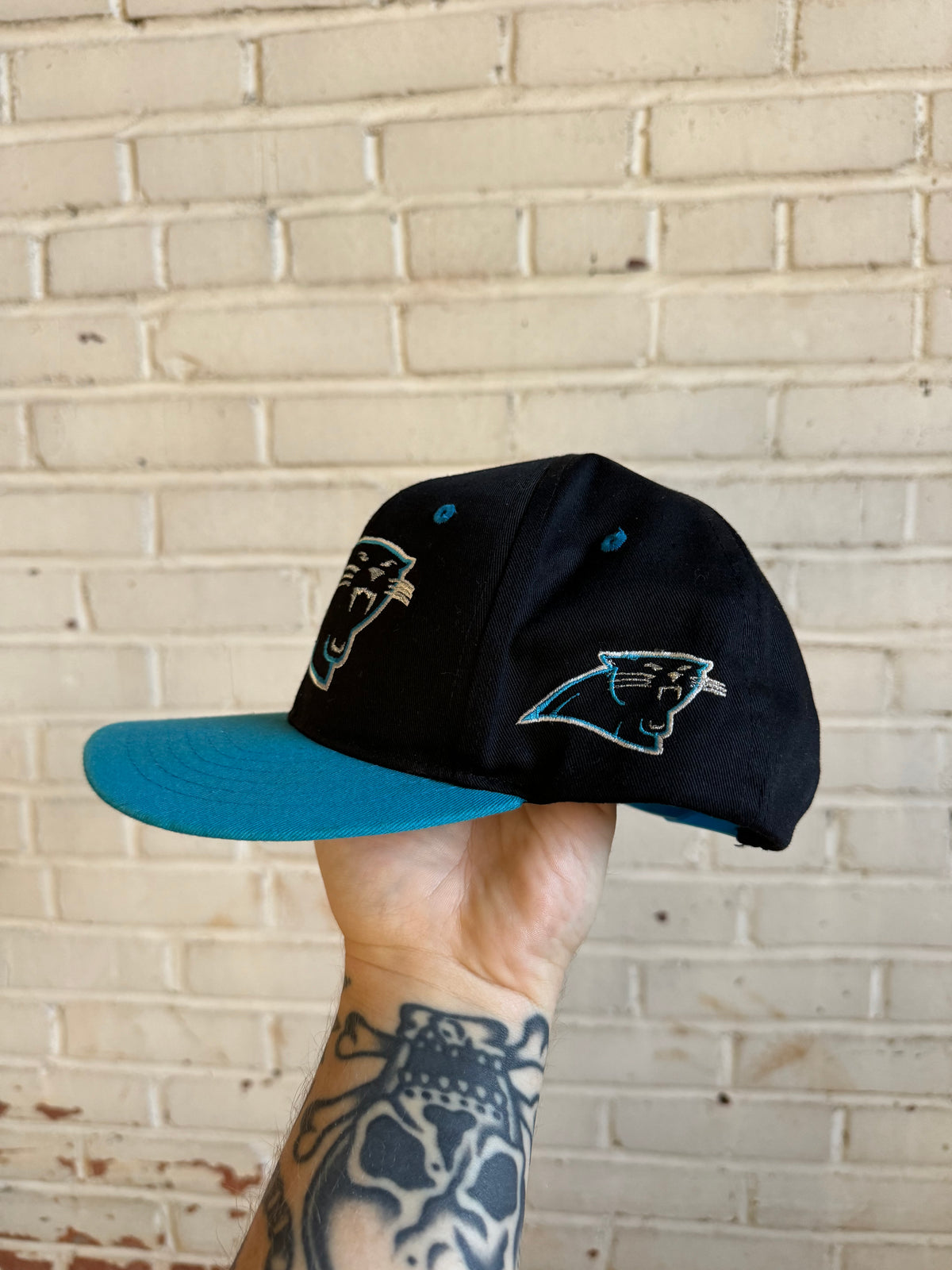 90’s Carolina Panthers Vintage Black Blue Mutli Logo NFL Snapback Hat (Youth)