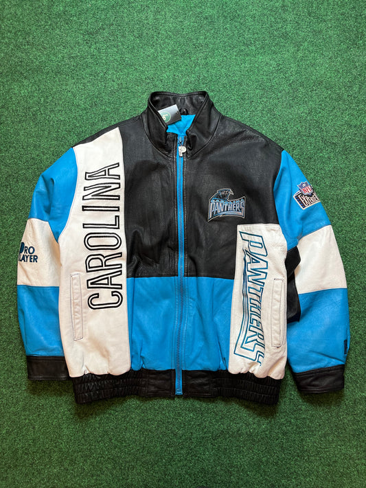 90s Carolina Panthers Embroidered Multi Logo Pro Player NFL Leather Jacket (XL)