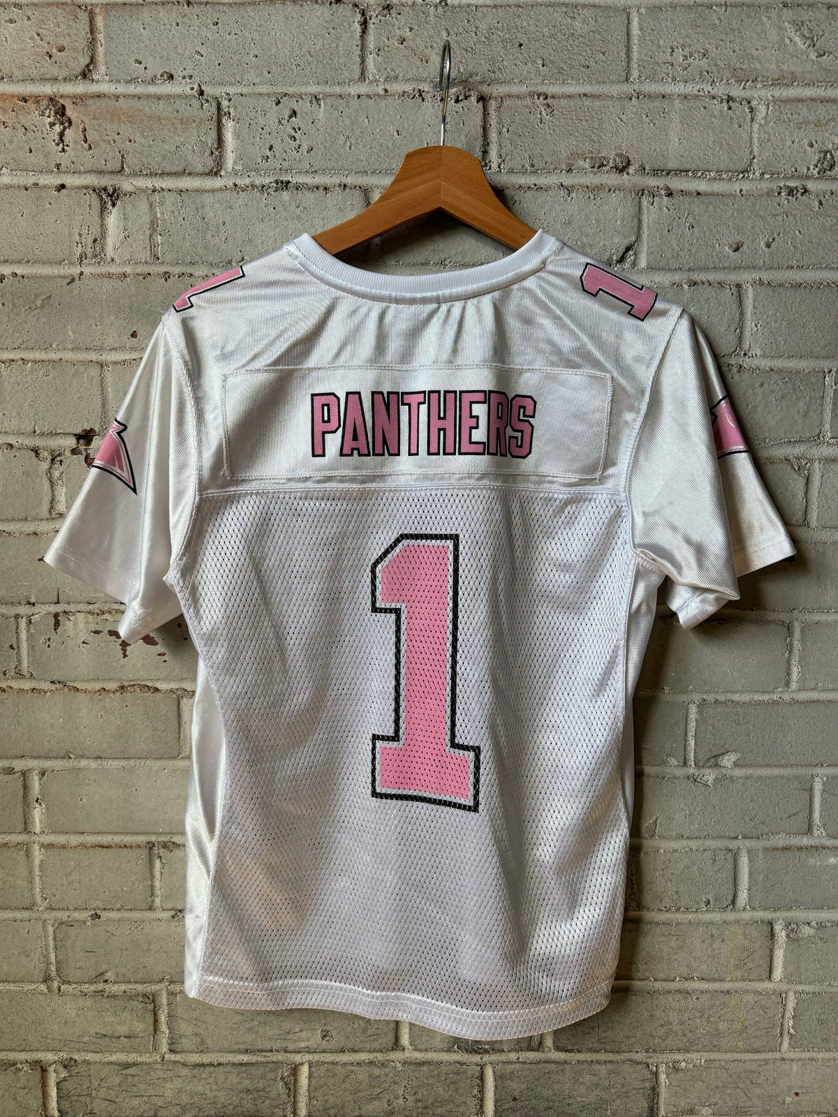 00’s Carolina Panthers Vintage White/Pink Reebok Breast Cancer Awareness NFL Jersey (Women’s Medium)