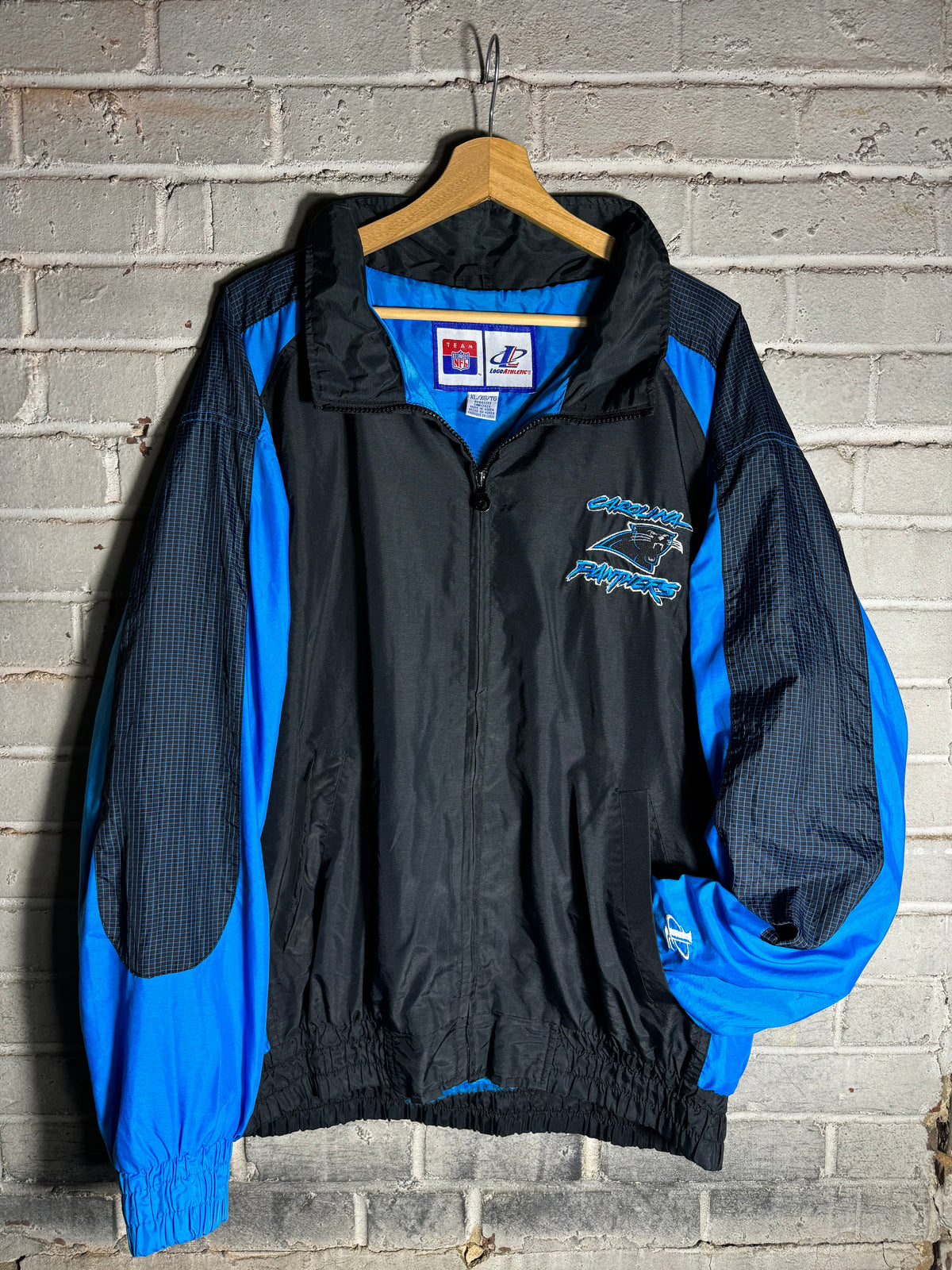 90’s Carolina Panthers Vintage Black Blue Logo Athletic Cat Scratch Font Full Zip Windbreaker Jacket (XL)