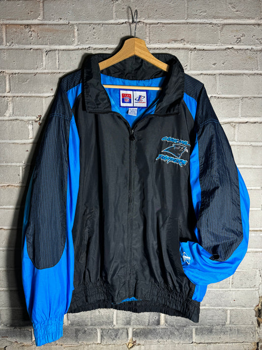 90’s Carolina Panthers Vintage Black Blue Logo Athletic Cat Scratch Font Full Zip Windbreaker Jacket (XL)