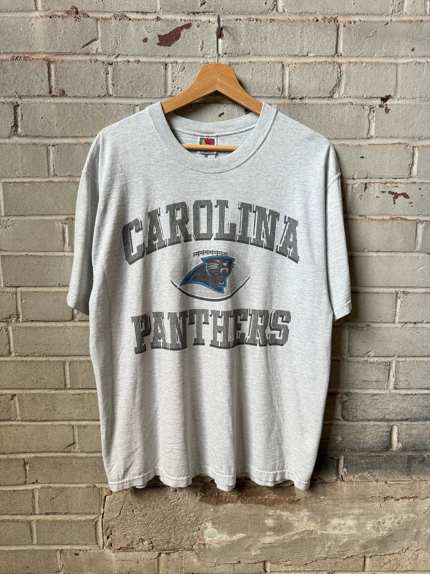 90’s Carolina Panthers Vintage Heather Grey Arch Spellout NFL Tee (Large)