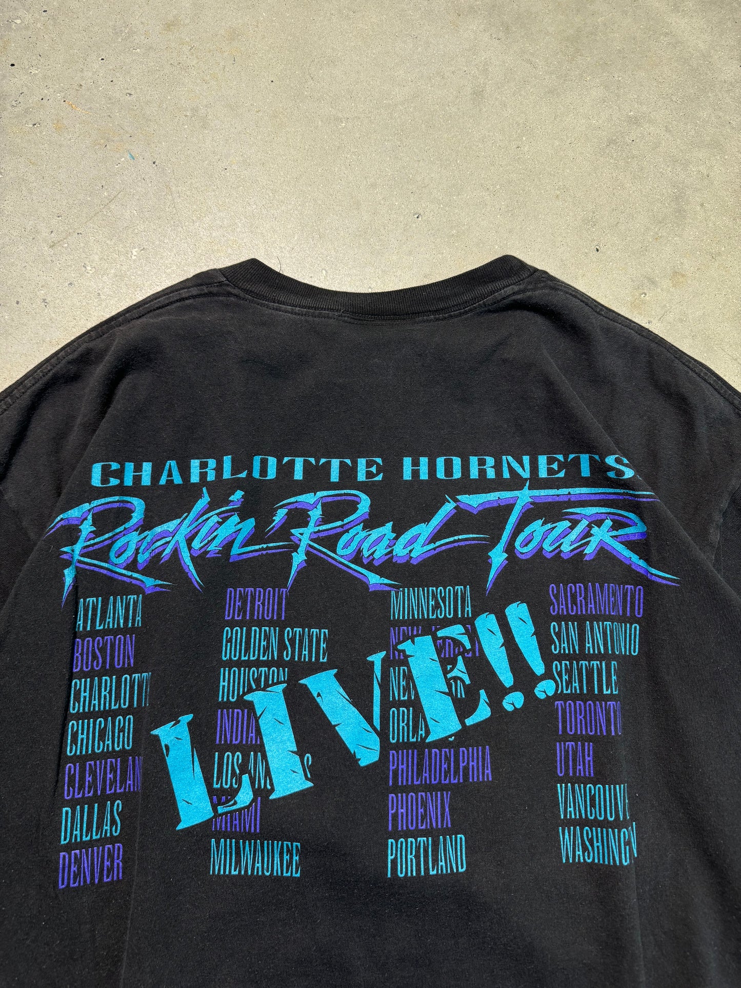 90’s Charlotte Hornets Vintage Black “Rockin’ Road Tour” Prince Purple Reign Inspired NBA Tee (XL)