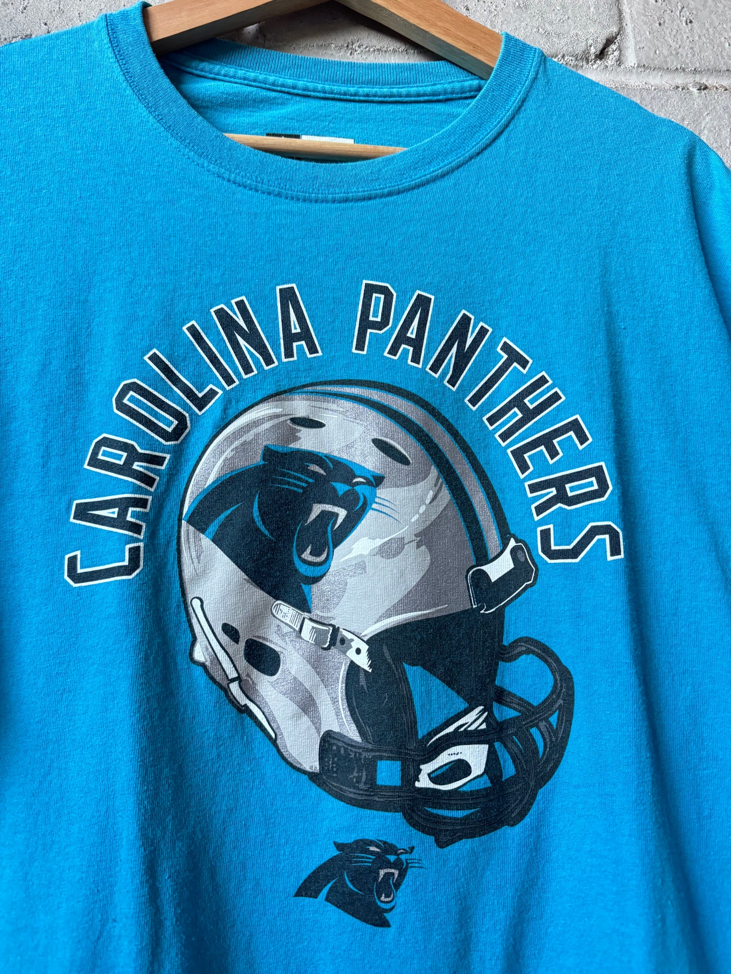 Carolina Panthers Blue Helmet Spellout NFL Tee (Large)