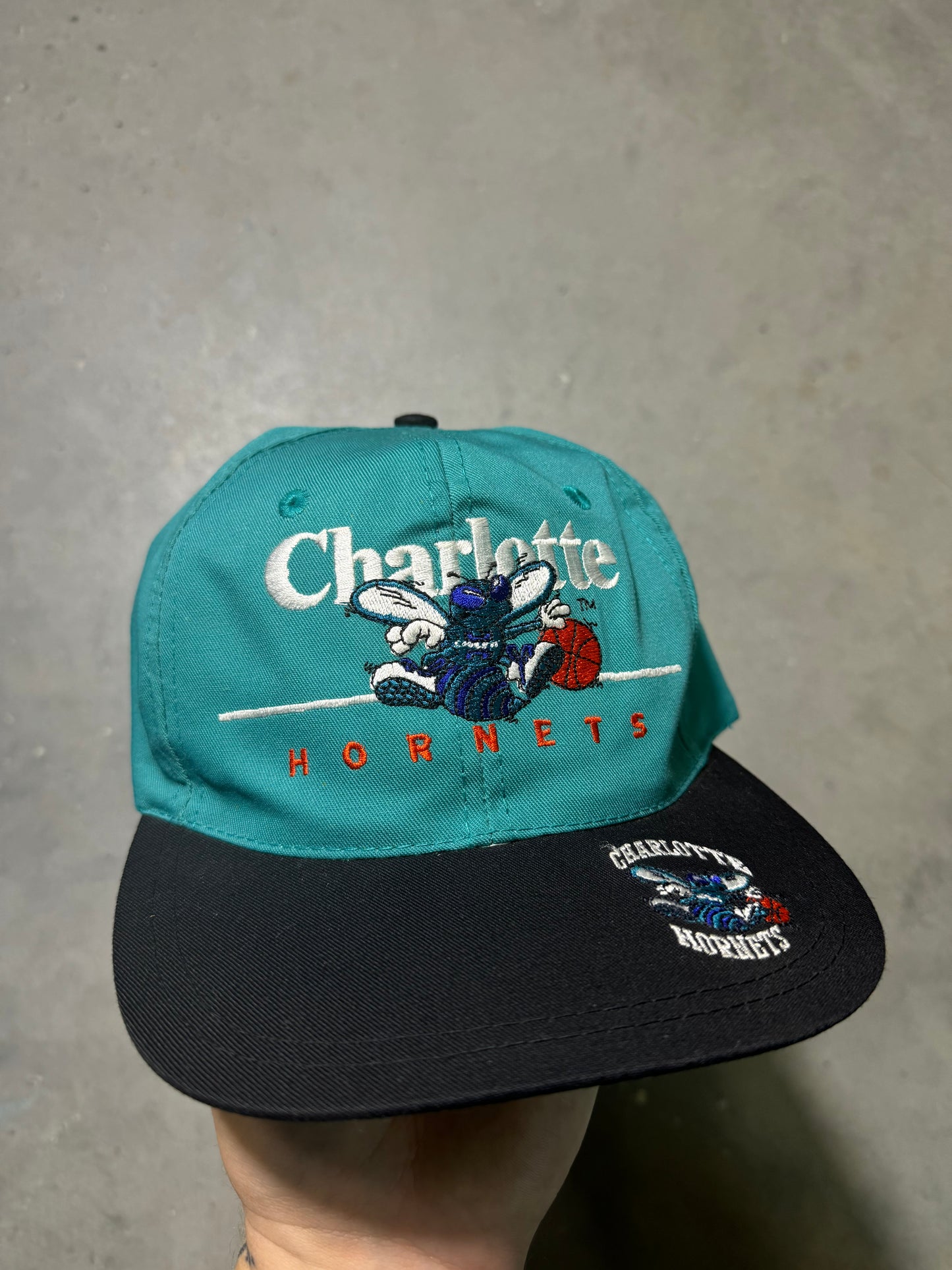 90’s Charlotte Hornets Vintage Teal Black Multi Logo NBA Snapback Hat (OSFA)