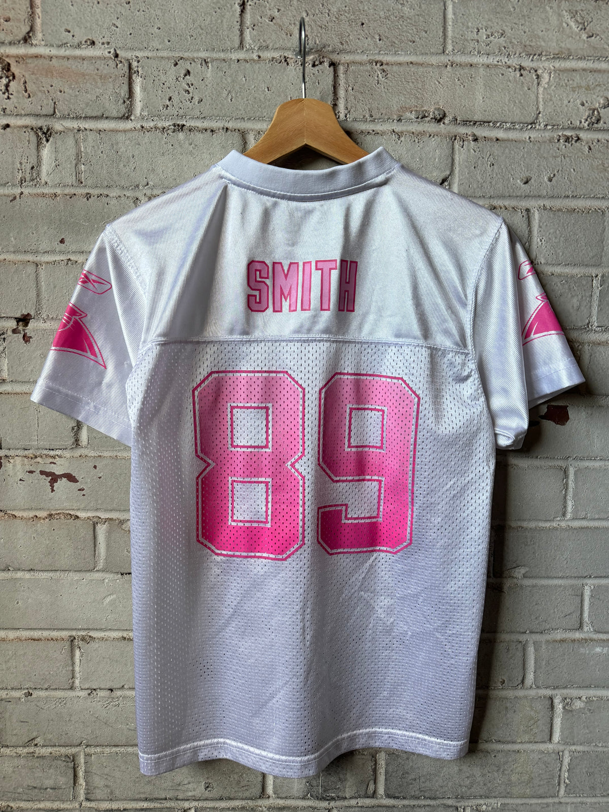 00’s Carolina Panthers Steve Smith Vintage White Pink Reebok NFL Jersey (Youth Large)