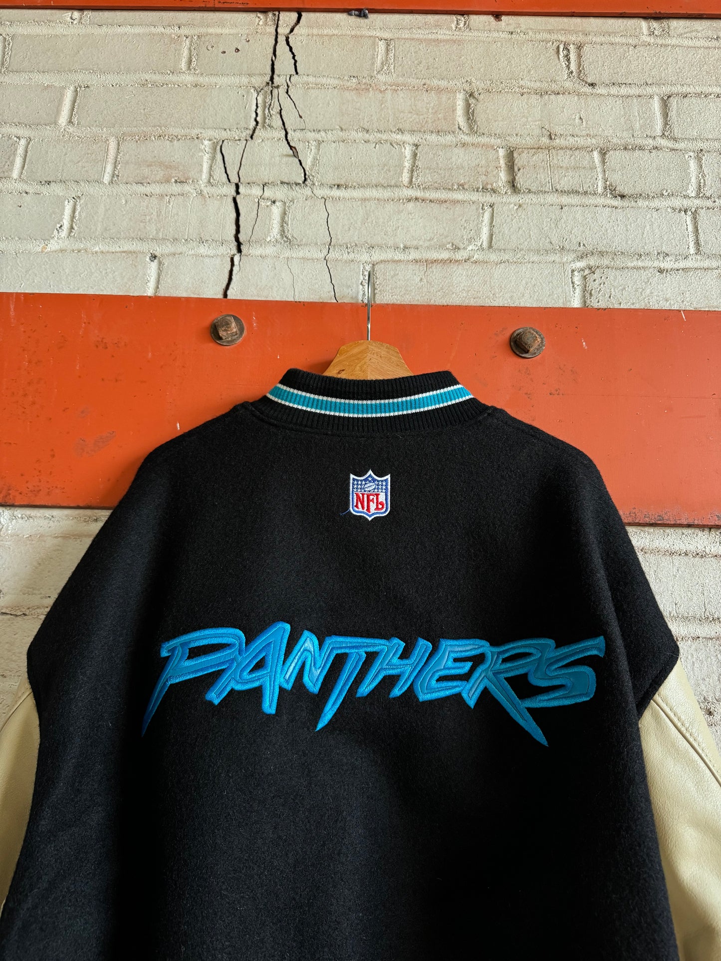 1999 Carolina Panthers Vintage Nike Cat Scratch Font Heavyweight Genuine Leather Sideline Varsity Jacket (XL)