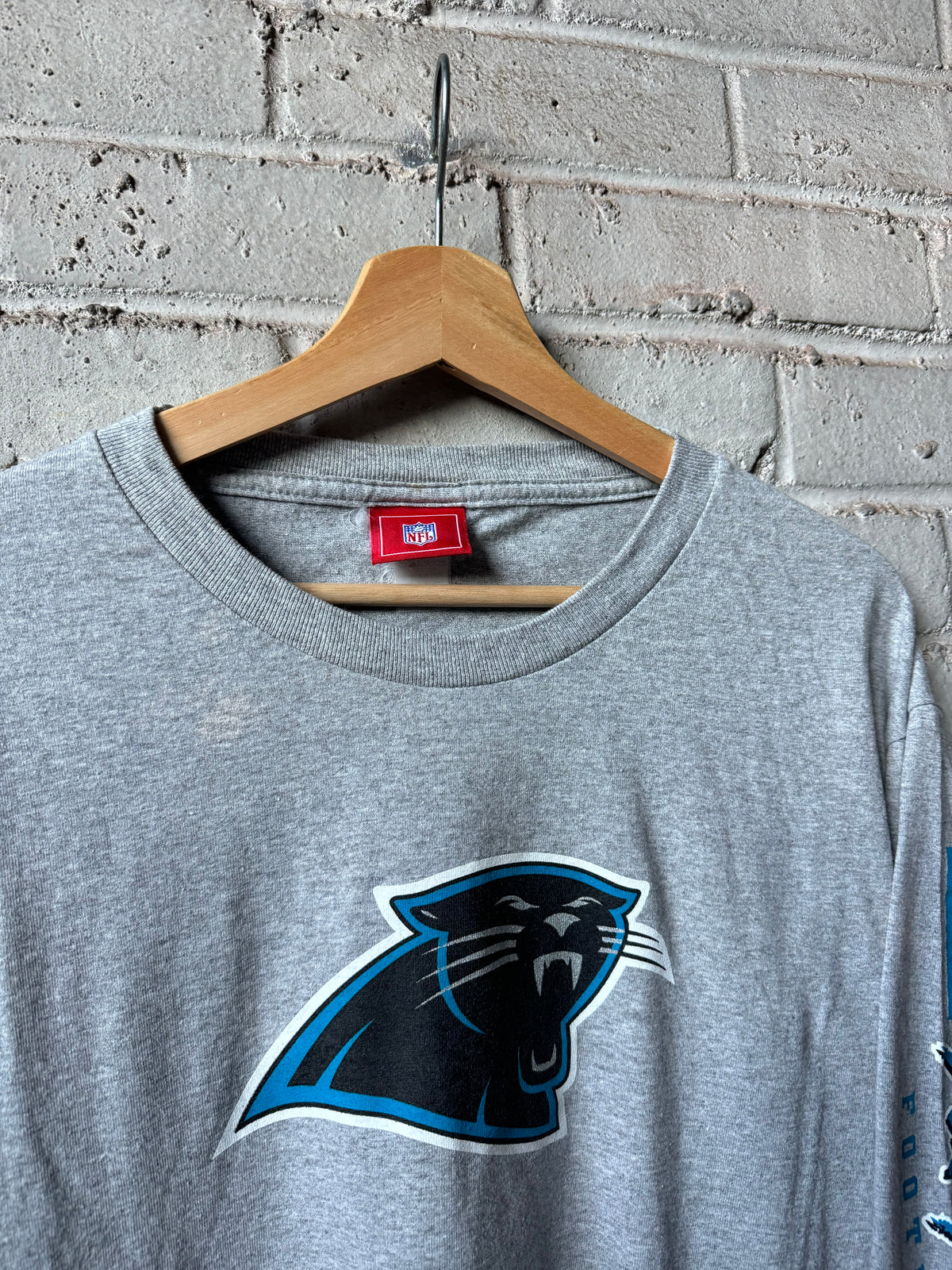 00’s Carolina Panthers Vintage Grey NFL Cat Scratch Font Sleeve Print Tee (Medium)