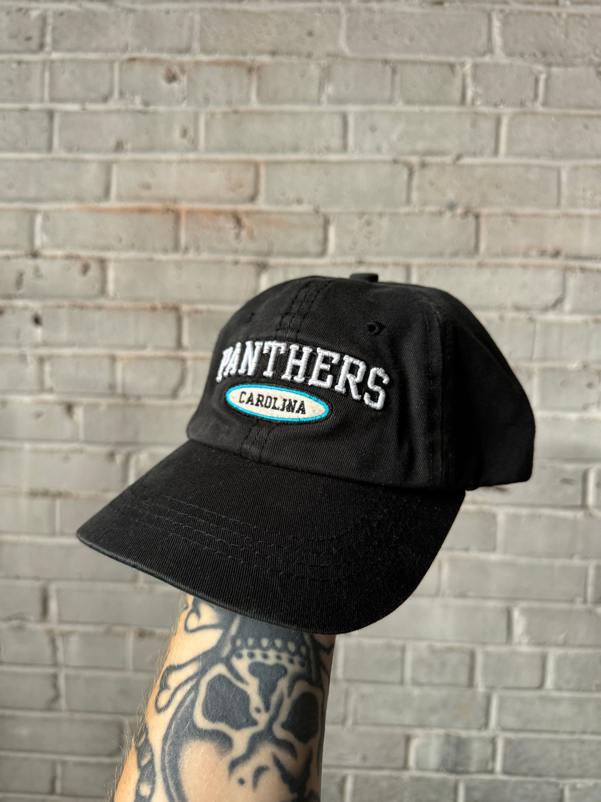 00’s Carolina Panthers Vintage Black Reebok Spellout NFL Strapback Hat (OSFA)