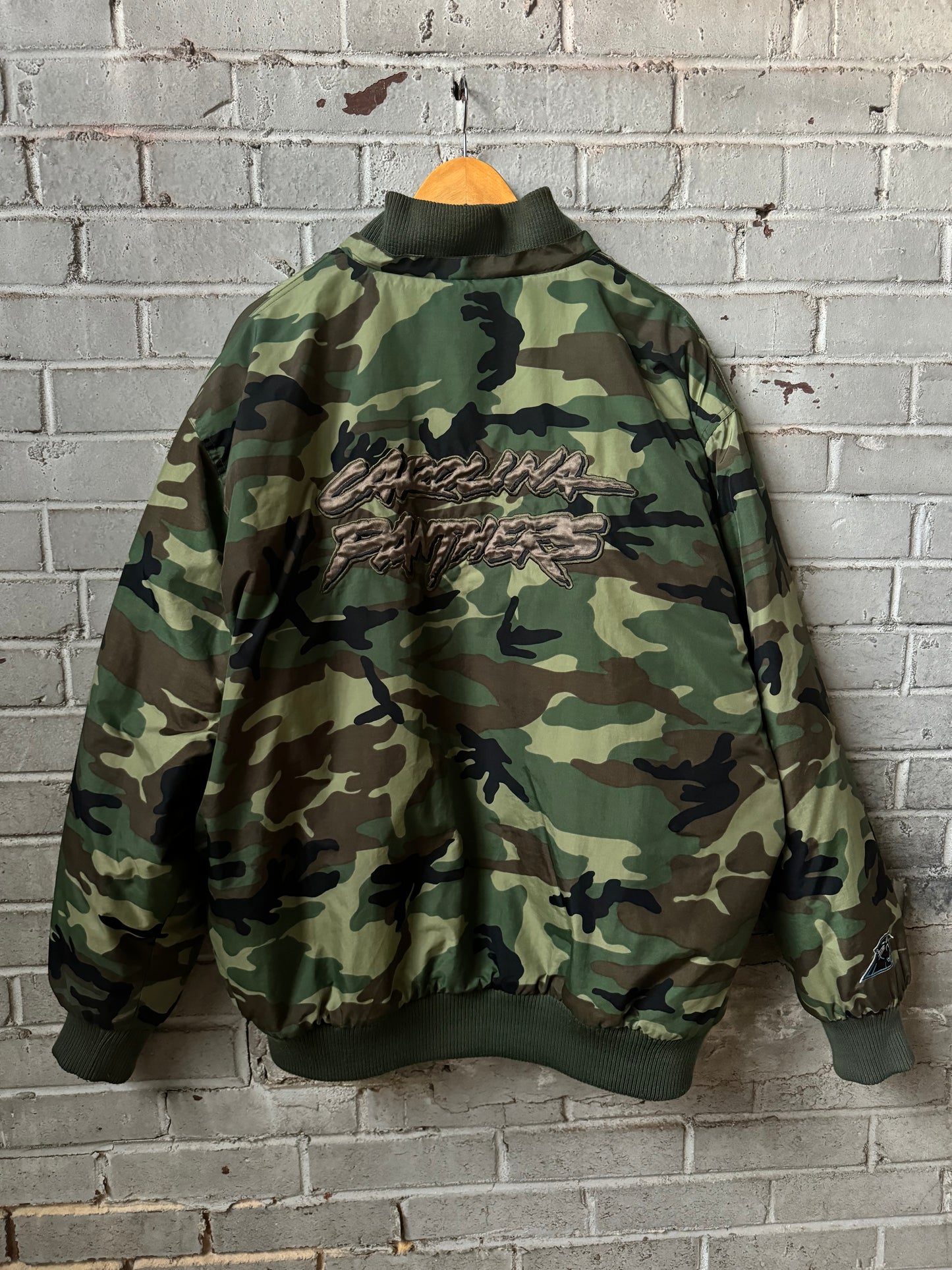 00’s Carolina Panthers Vintage Cat Scratch Font Camo NFL Bomber Jacket (XL)