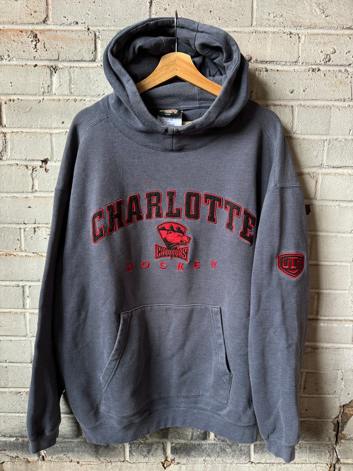 00’s Charlotte Checkers Vintage Grey Red Ultra Heavyweight Old Time Hockey Hoodie (XL)
