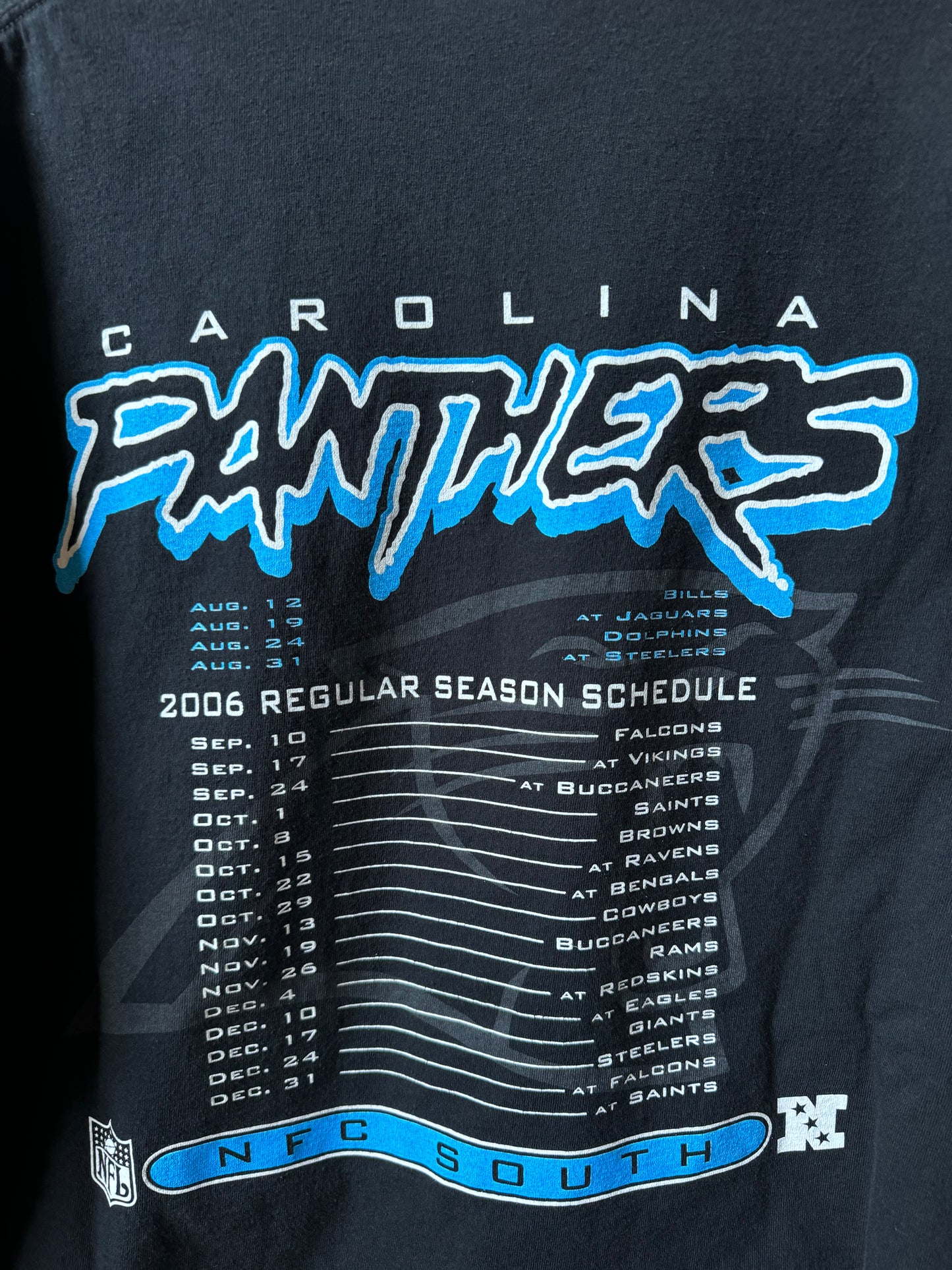 2006 Carolina Panthers Vintage Black Cat Scratch Font Schedule Tee (XXL)