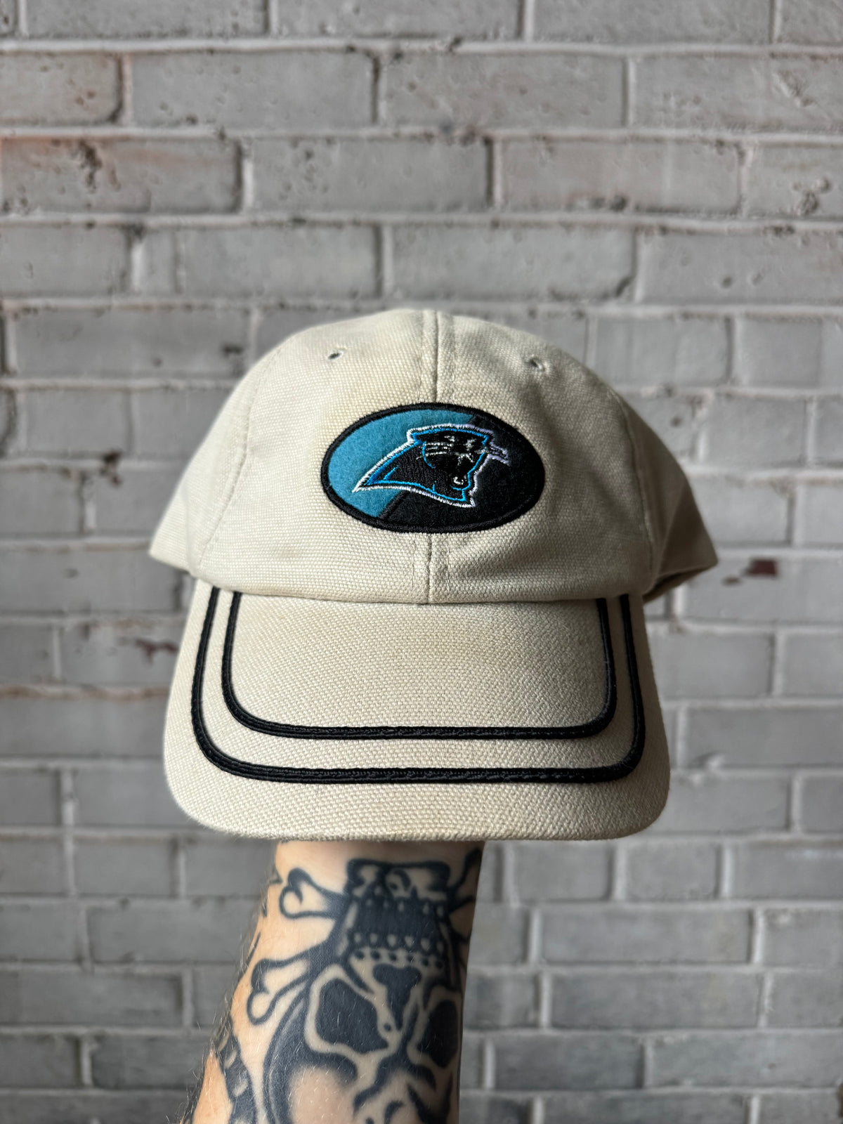 90’s Carolina Panthers Vintage Khaki Oval Logo Strapback Hat (OSFA)