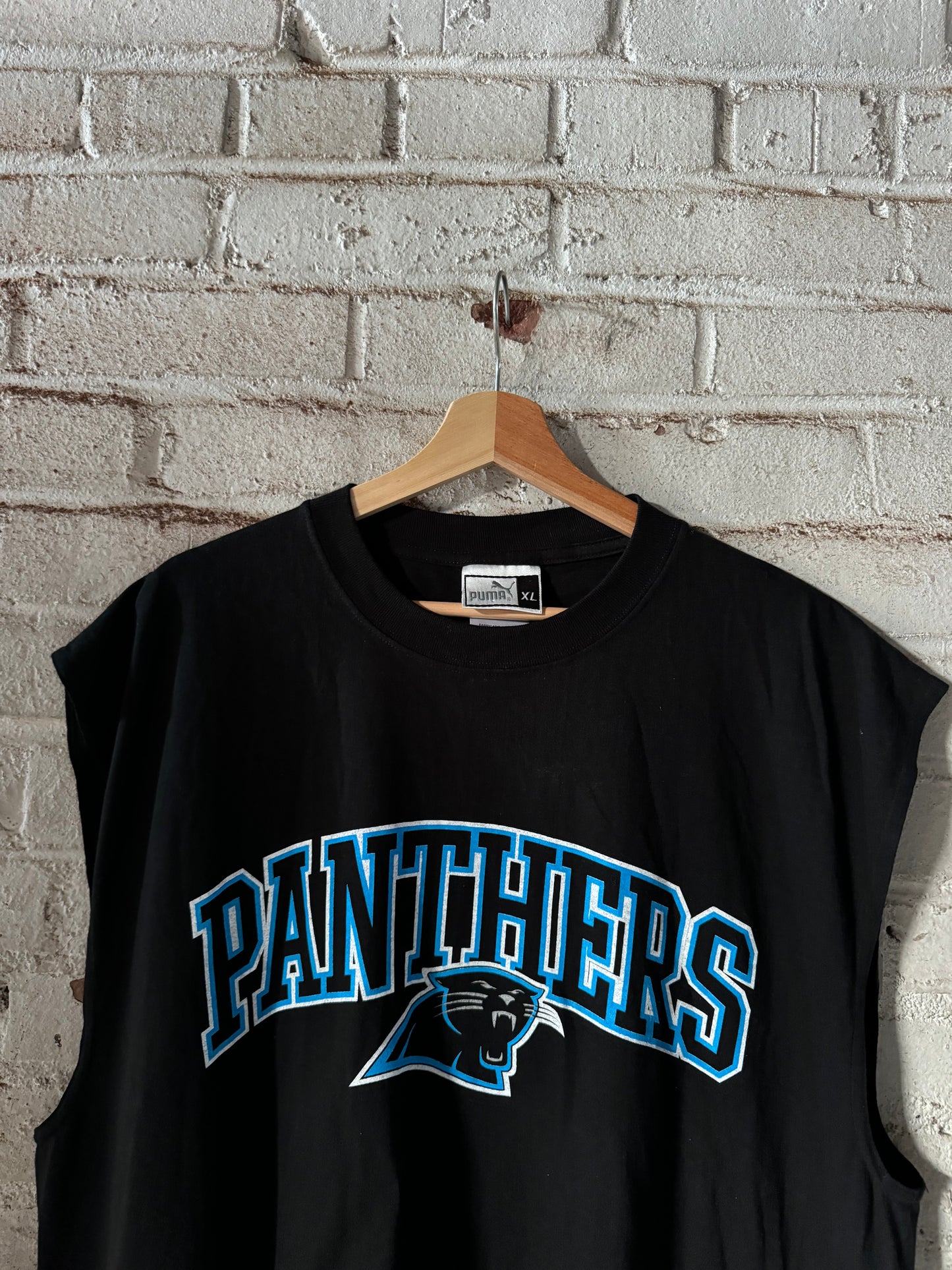 90’s Carolina Panthers Vintage Black Puma Cutoff Practice Style NFL Tee (XL)