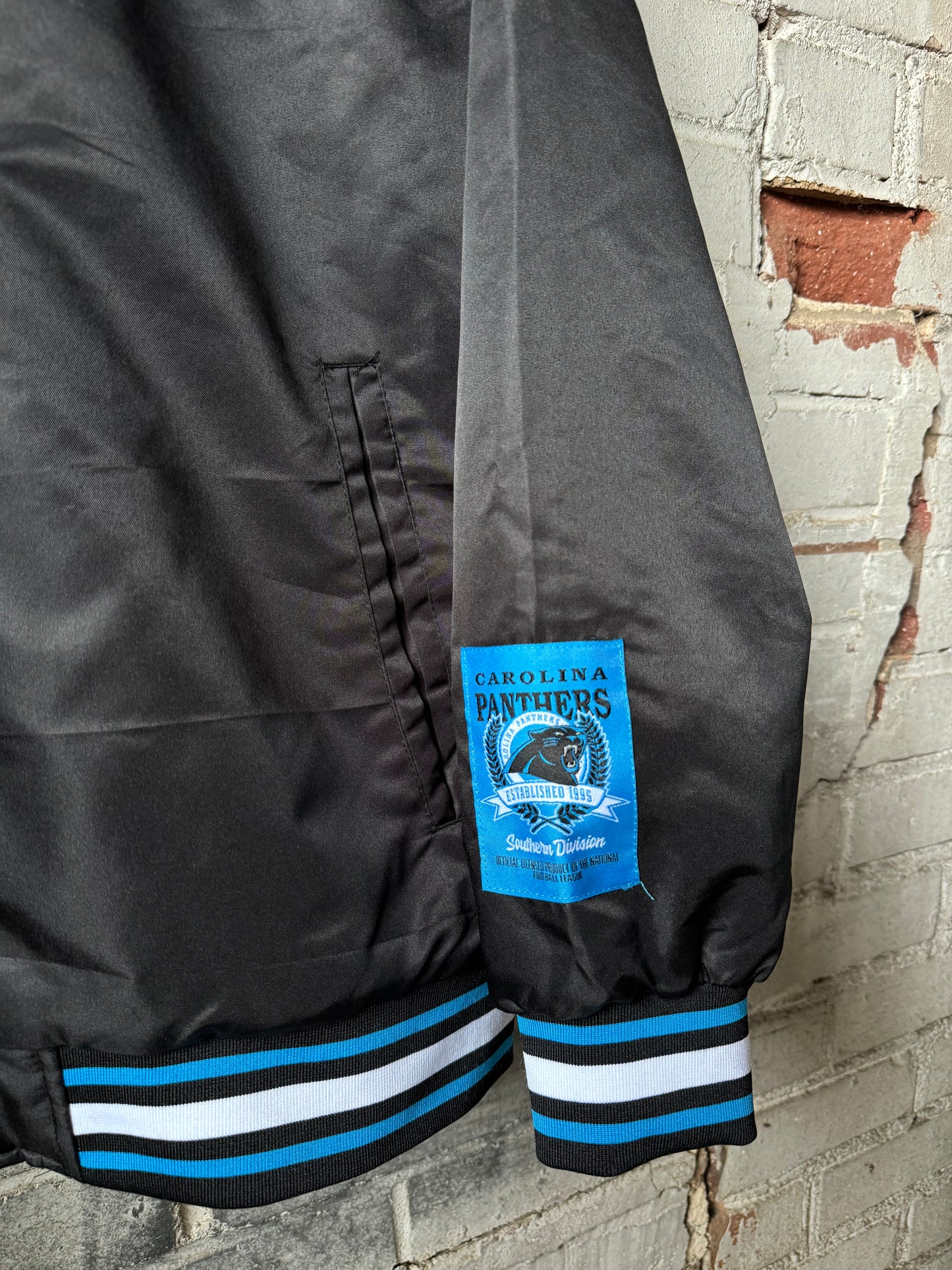 Carolina Panthers Black Ultra Game Embroidered Logo NFL Satin Jacket (Large)