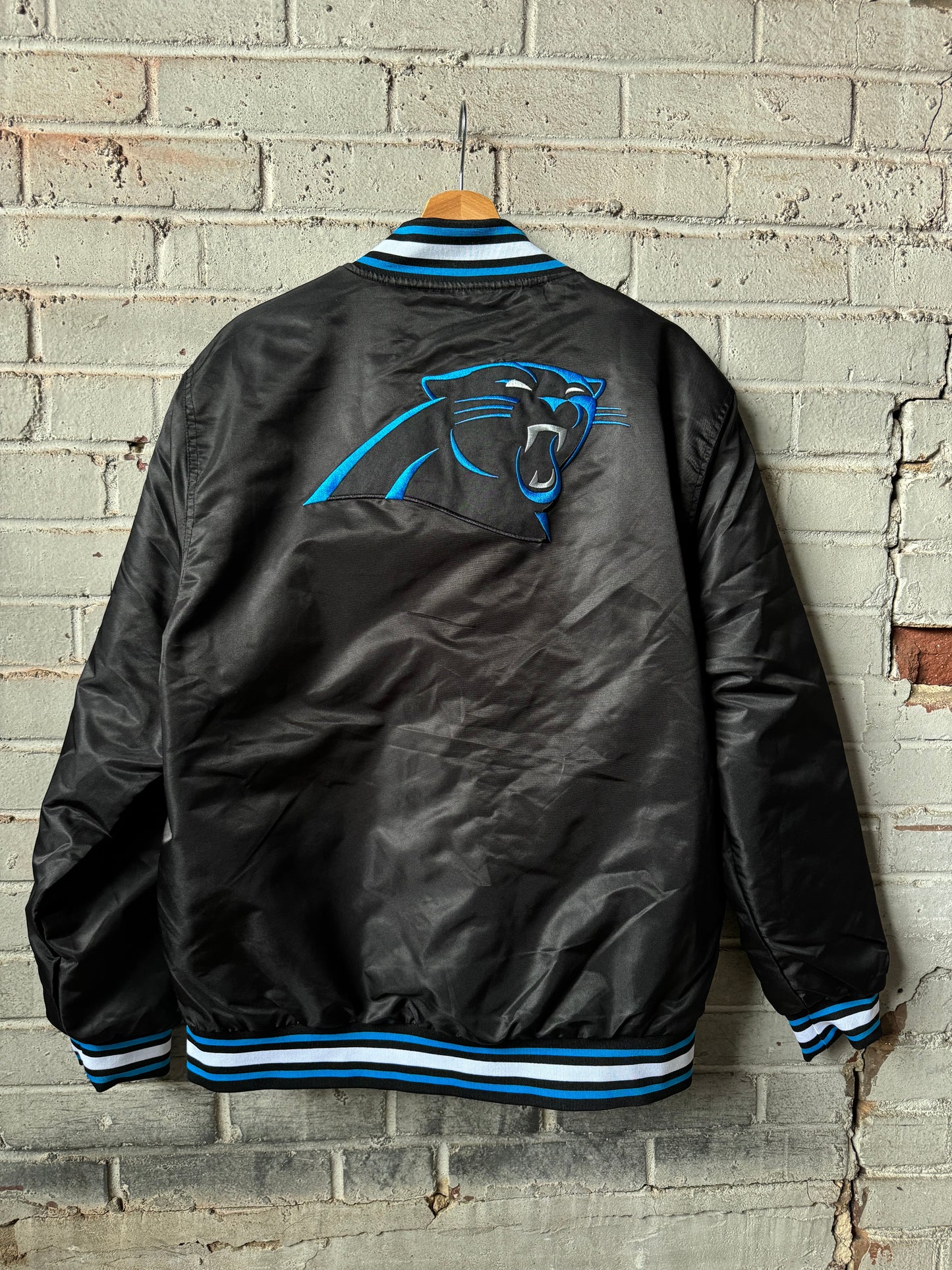 Carolina Panthers Black Ultra Game Embroidered Logo NFL Satin Jacket (Large)